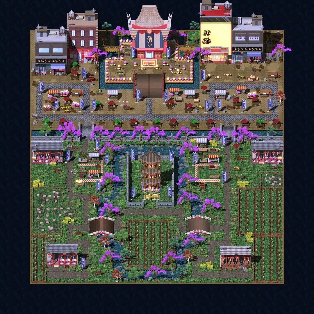 Gangs Of Asia: Top-down village scene with temples, cherry blossoms, and market stalls in lush greenery