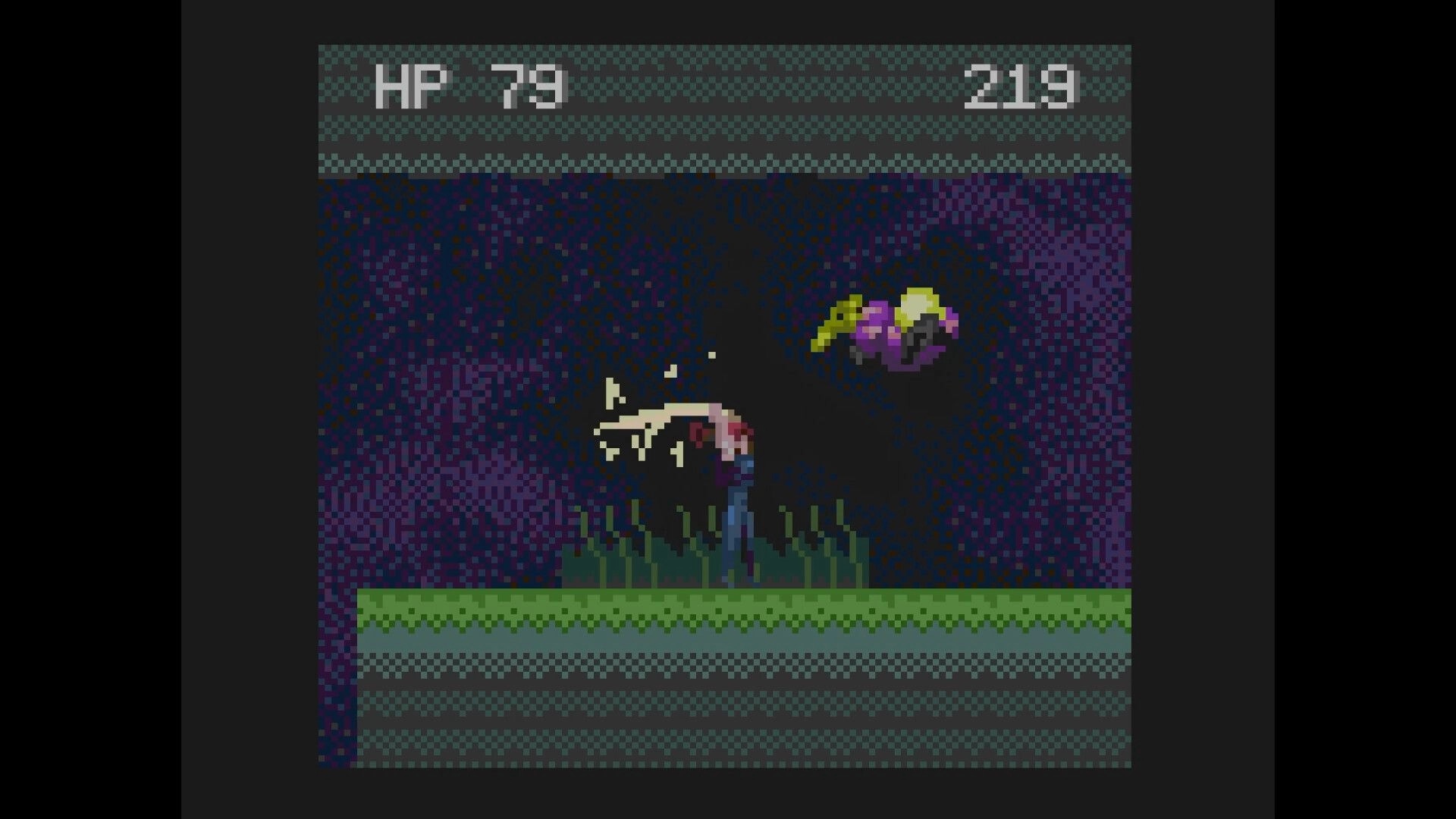 Ganymede: Player swings a sword at a flying alien in a dark cave, HP 73 and score 219 HUD.