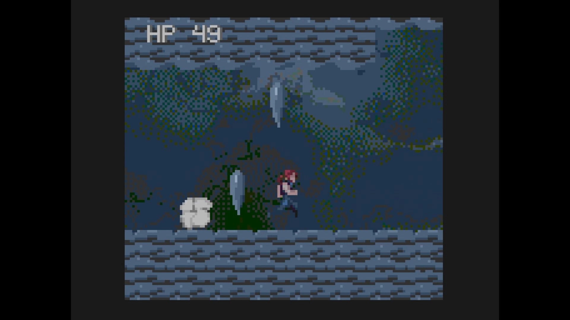 Ganymede: Red-haired fighter runs past falling icicles in blue cavern corridor, HP 49 UI top left.