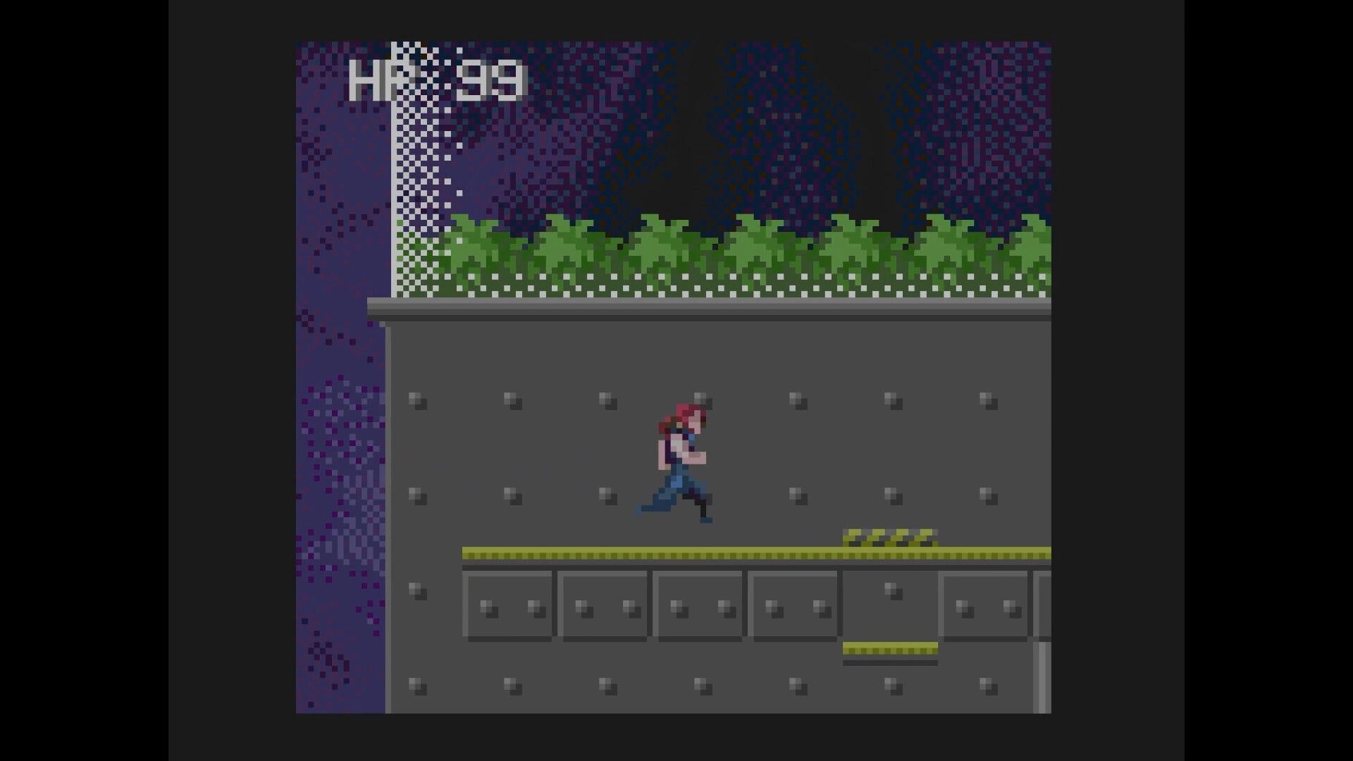 Ganymede: Pixel hero runs along a metal platform under foliage, HUD shows HP 99 at top left.