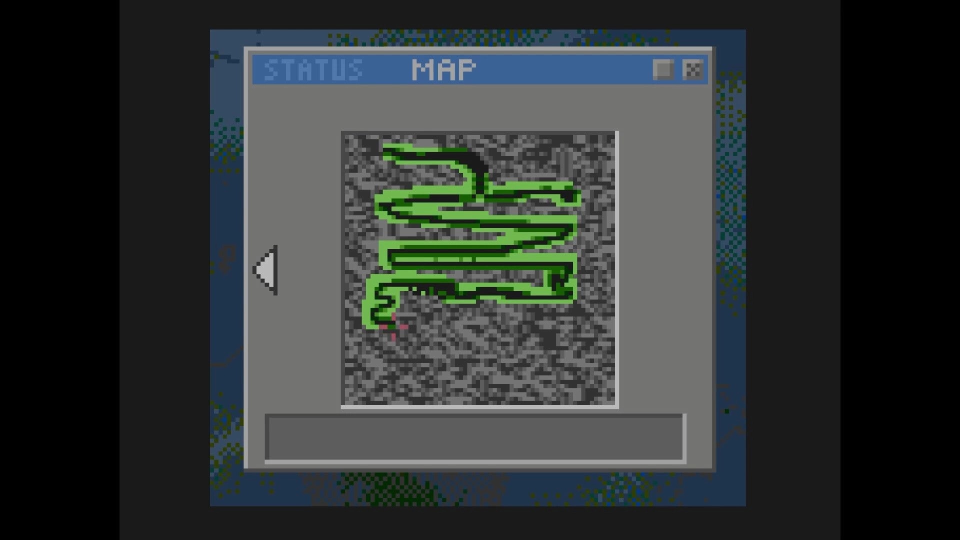 Ganymede: Map menu open with green winding route over grey static background and status tab UI.