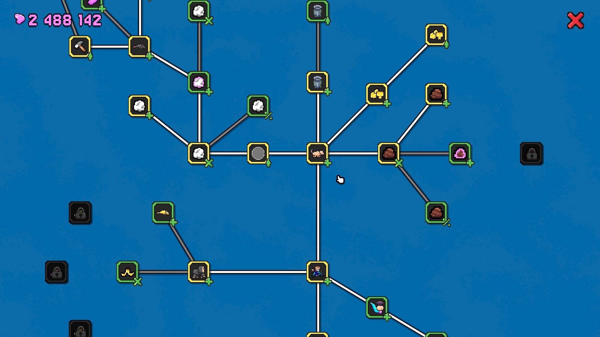 Garbage Growth: Upgrade tree map with connected trash icons, currency counter, and close button on blue grid.