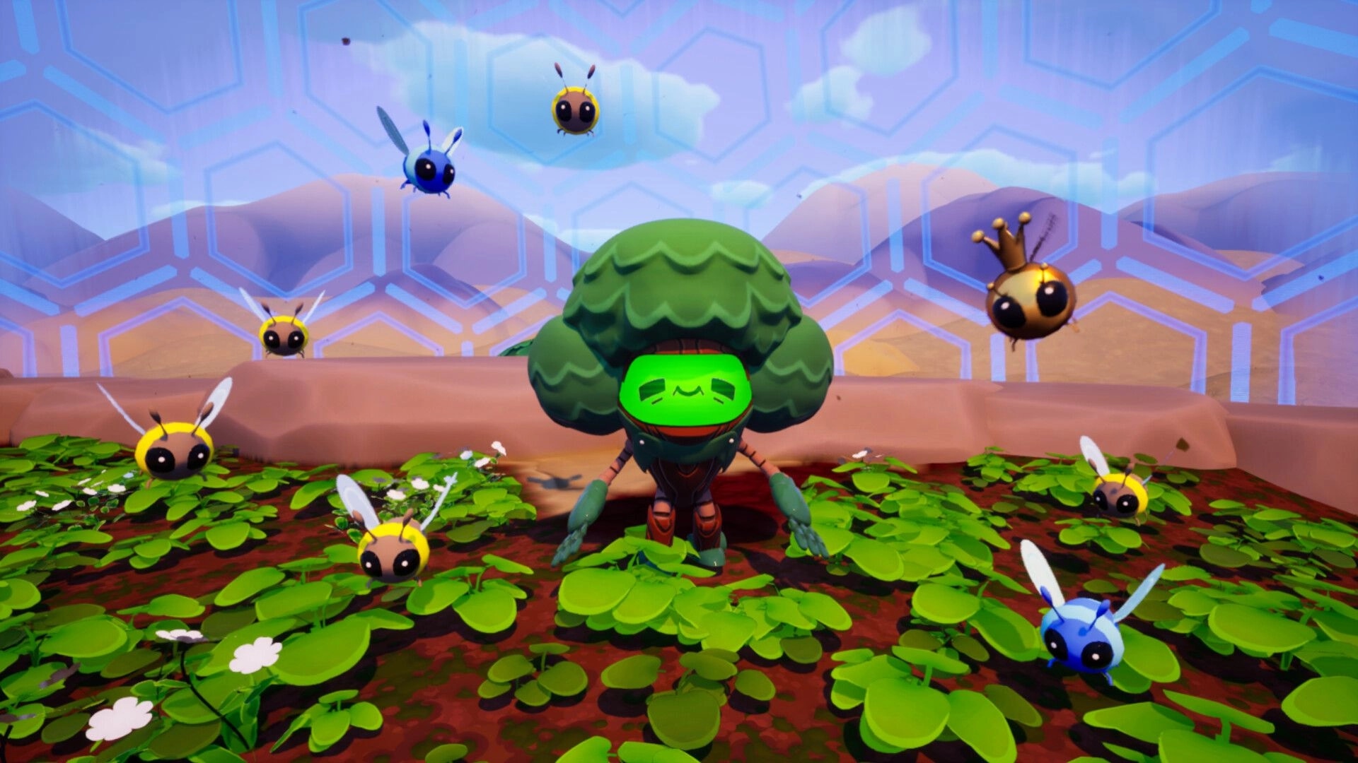 Garden and a Goat: Robot stands in clover patch as bees hover inside a honeycomb dome in desert biome.