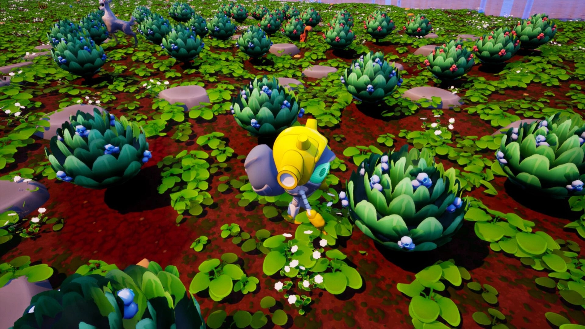 Garden and a Goat: Robot gardener tends berry bushes in lush field with stones, goat in distance.