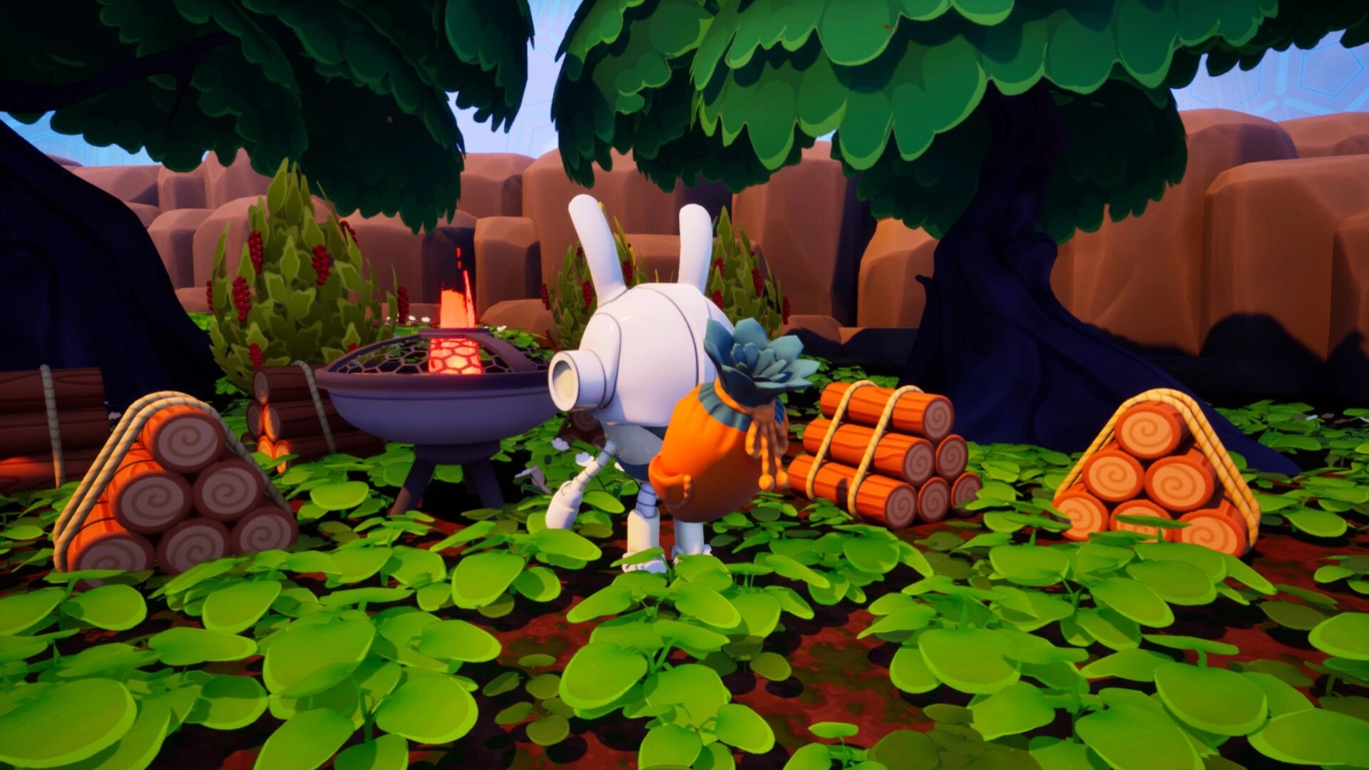 Garden and a Goat: Robot with backpack faces a glowing forge amid logs and leafy forest clearing.