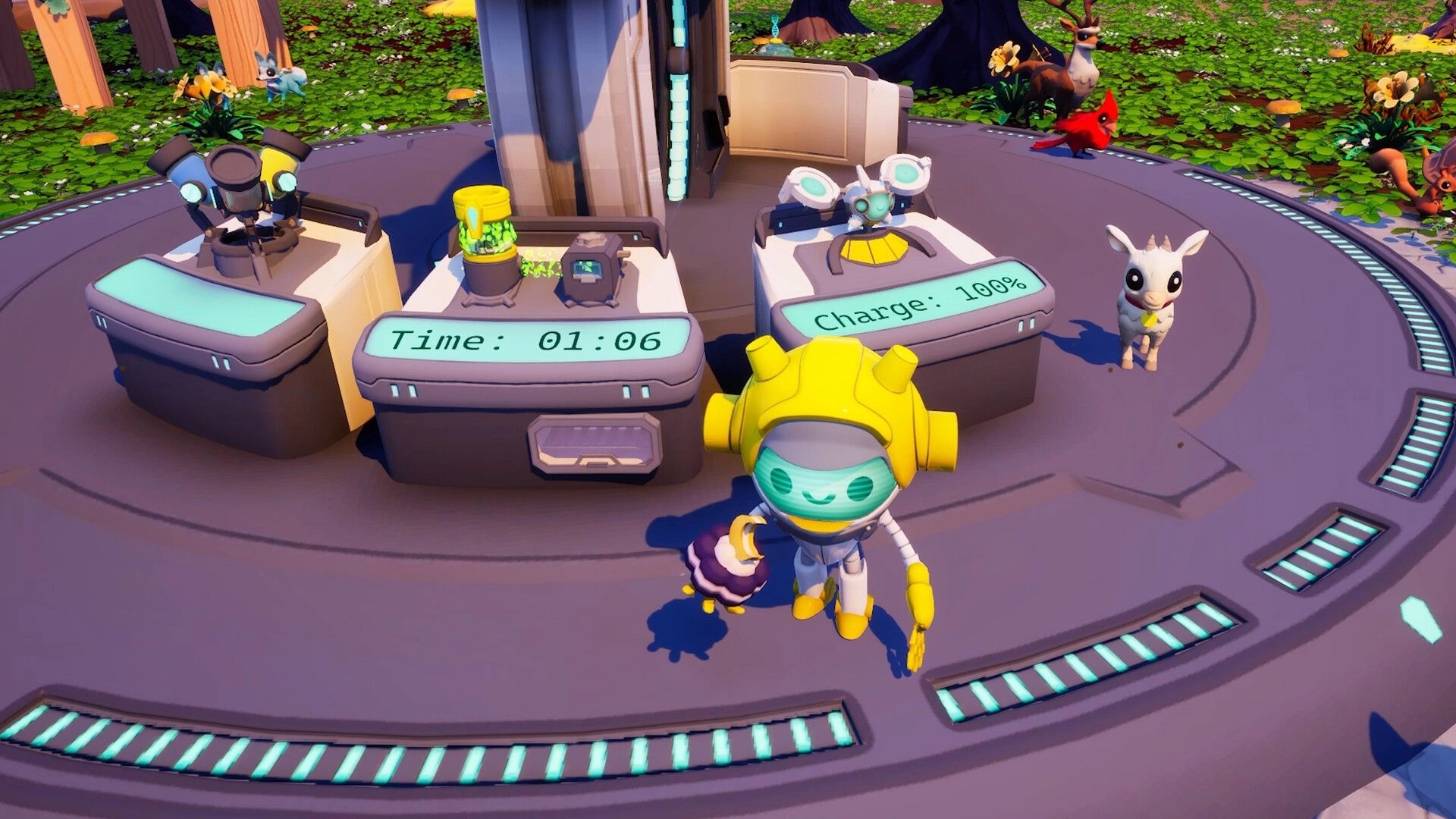Garden and a Goat: Robot stands by consoles showing Time 01:06 and Charge 100% in forest hub area.