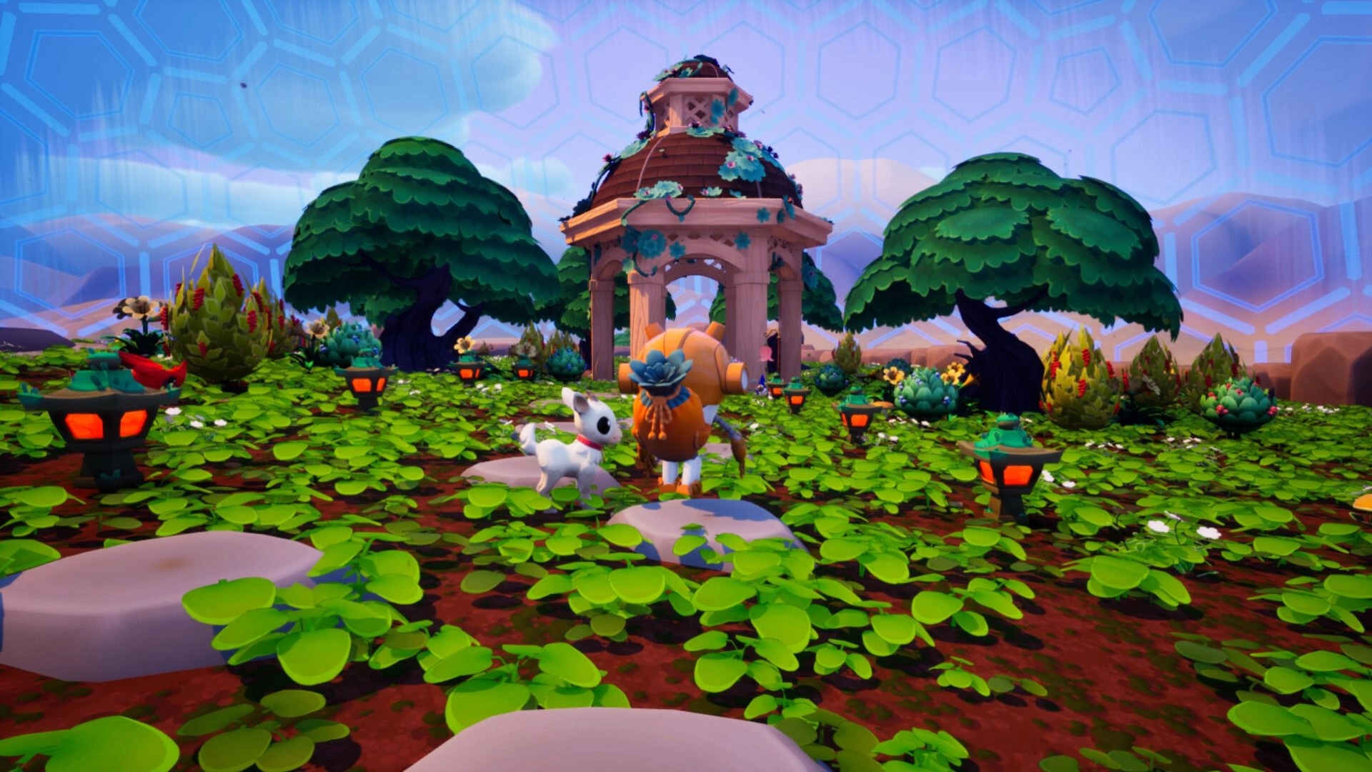 Garden and a Goat: Robot and white goat on leafy path by vine gazebo under a hex dome sky.
