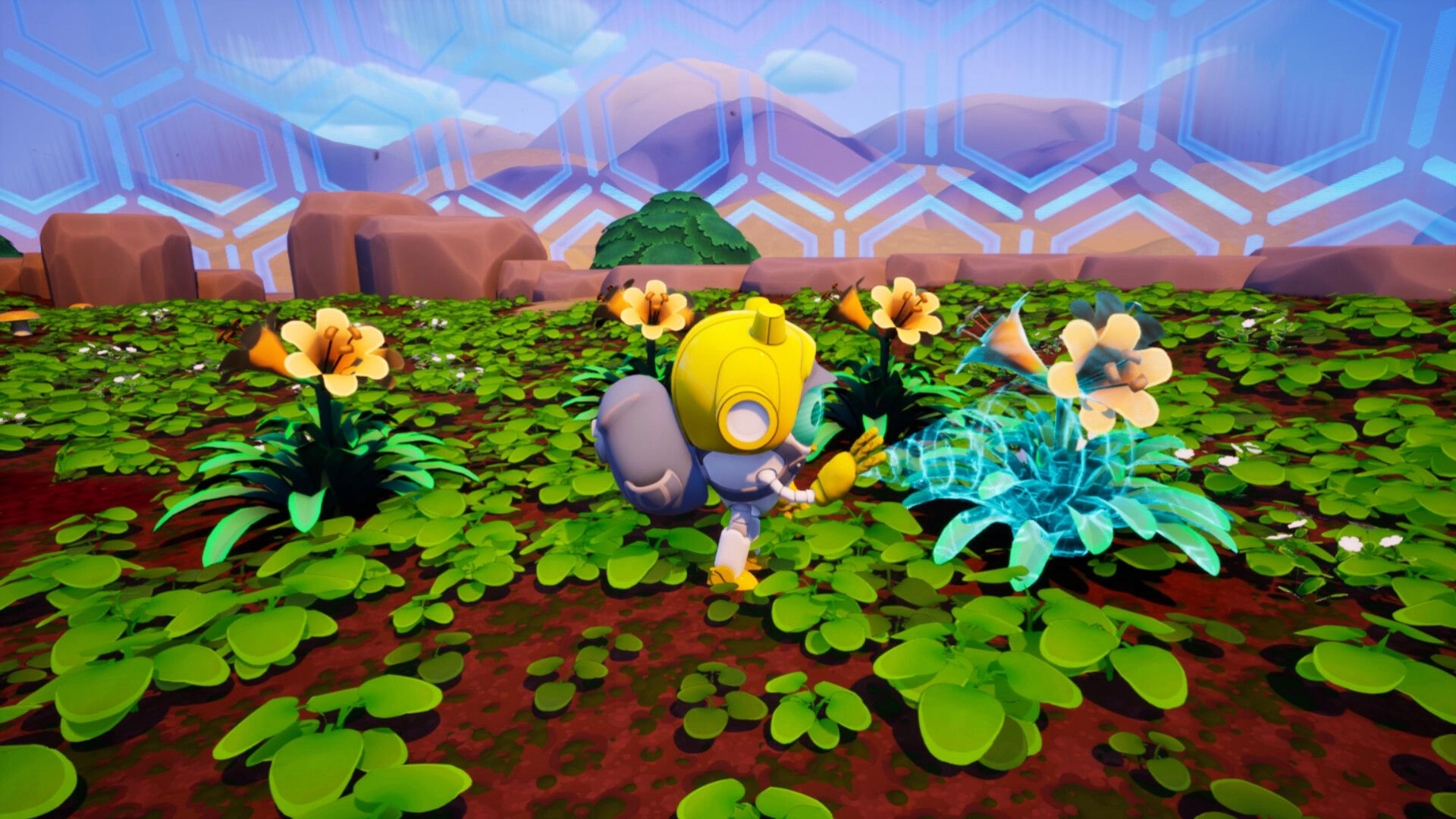 Garden and a Goat: Robot waters blue glowing plant among flowers in a dome garden with hex grid sky.