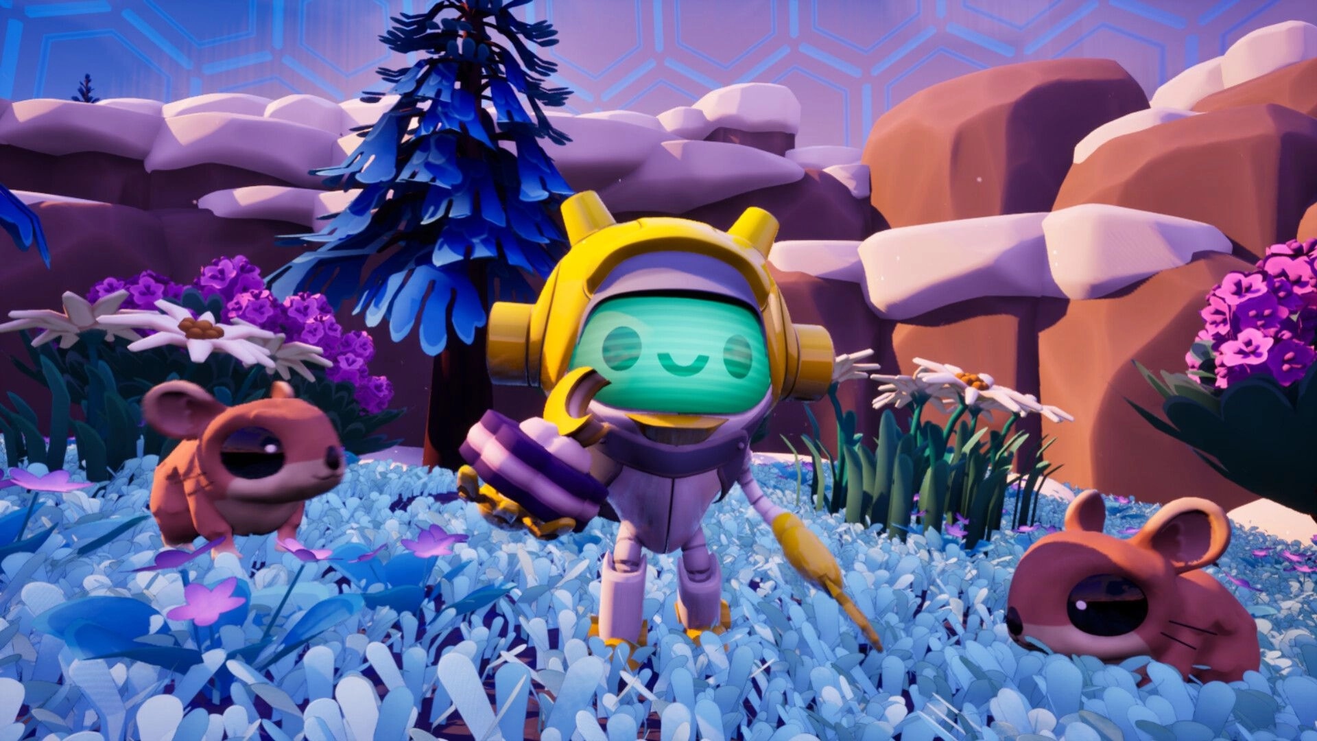 Garden and a Goat: Smiling robot explorer stands with two critters in snowy flower meadow by cliffs.