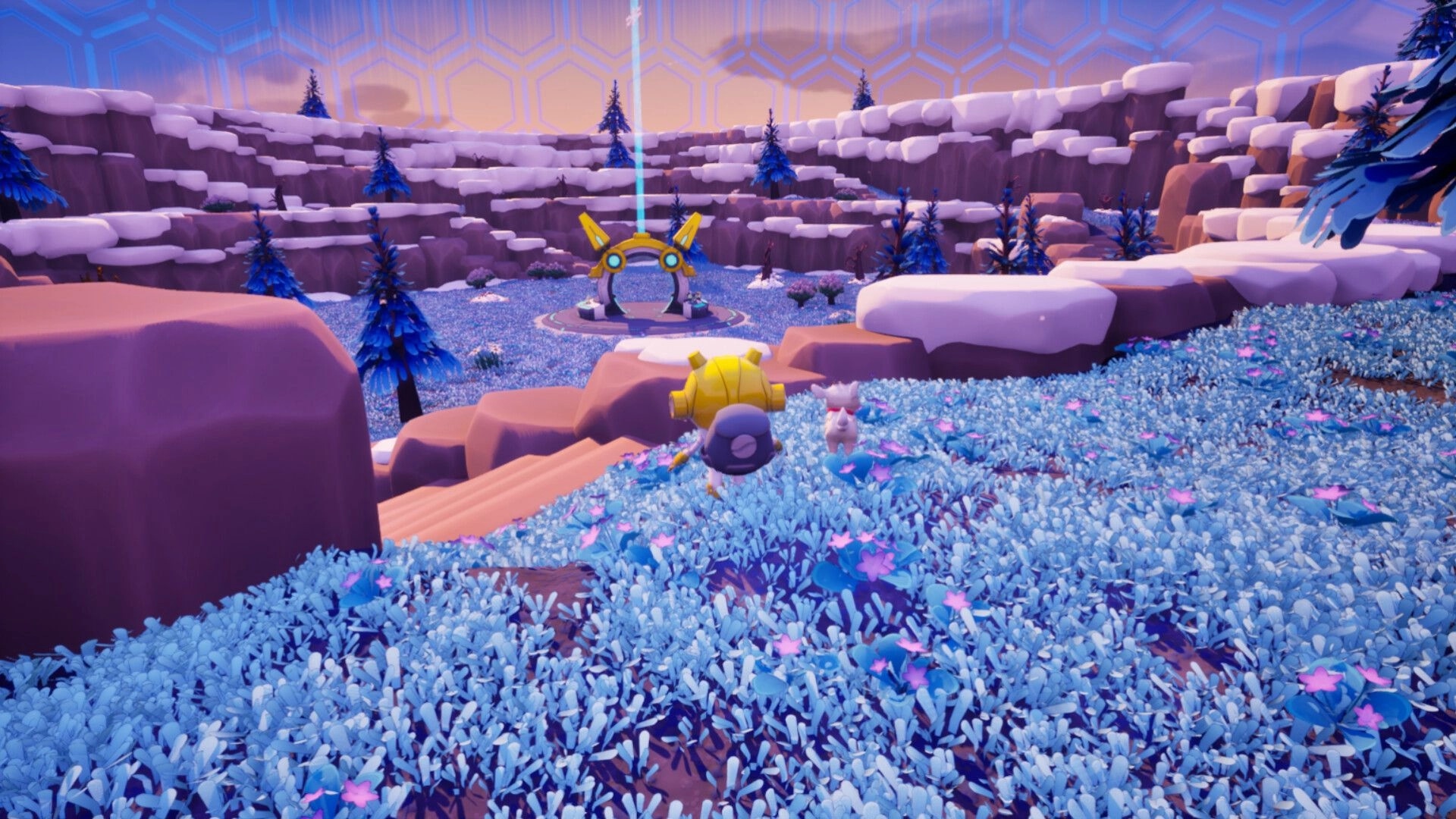 Garden and a Goat: Robot walks with a small goat toward a glowing portal in a snowy canyon meadow.