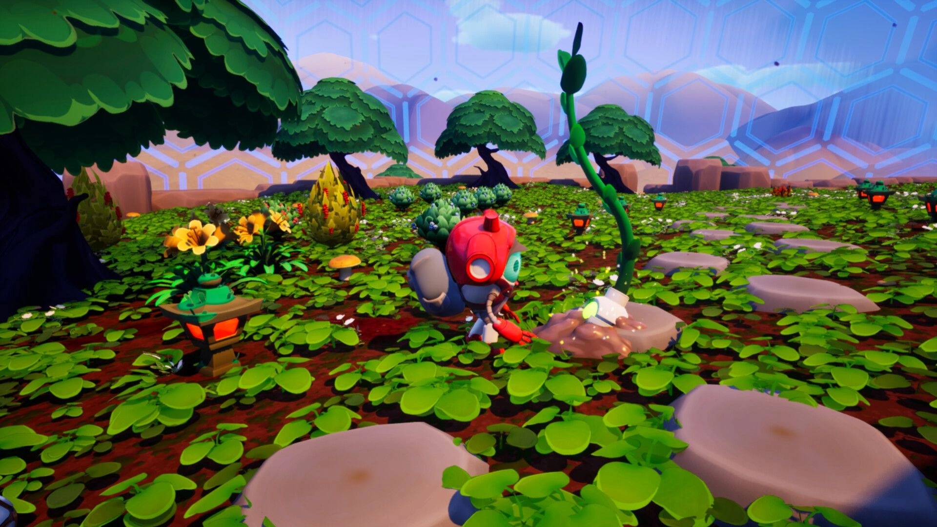 Garden and a Goat: Robot plants a tall vine sprout in a lush garden with lanterns and trees.