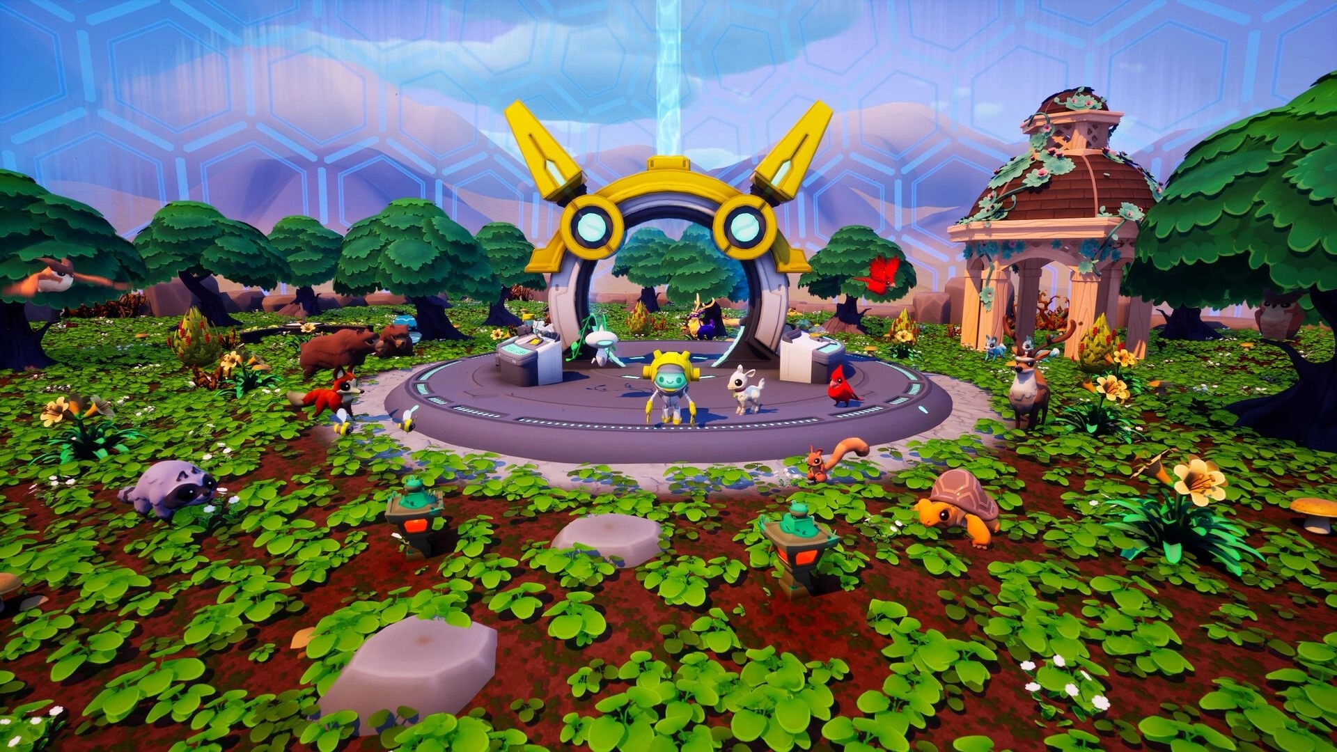 Garden and a Goat: Robot stands by glowing portal ring amid gathered animals in lush forest hub area.