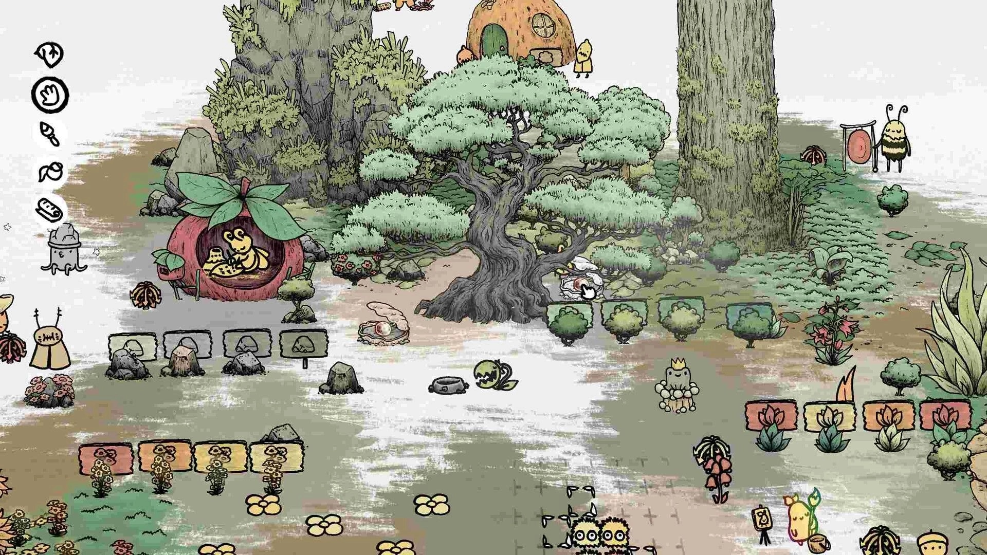 Garden Ink: Tree with bee character near tools and decorations in whimsical forest setting