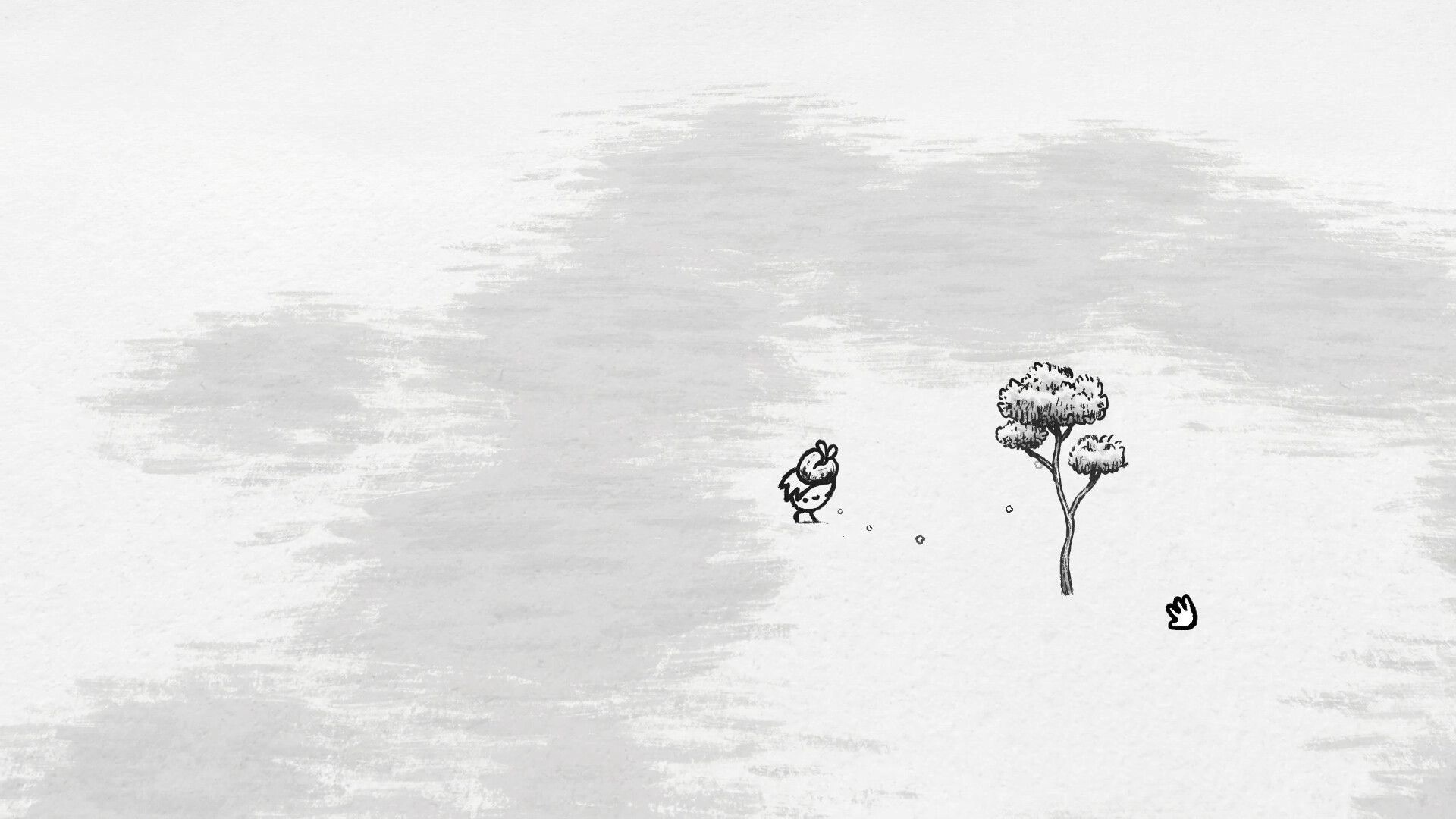 Garden Ink: Small character approaches single tree in minimal black and white sketch environment