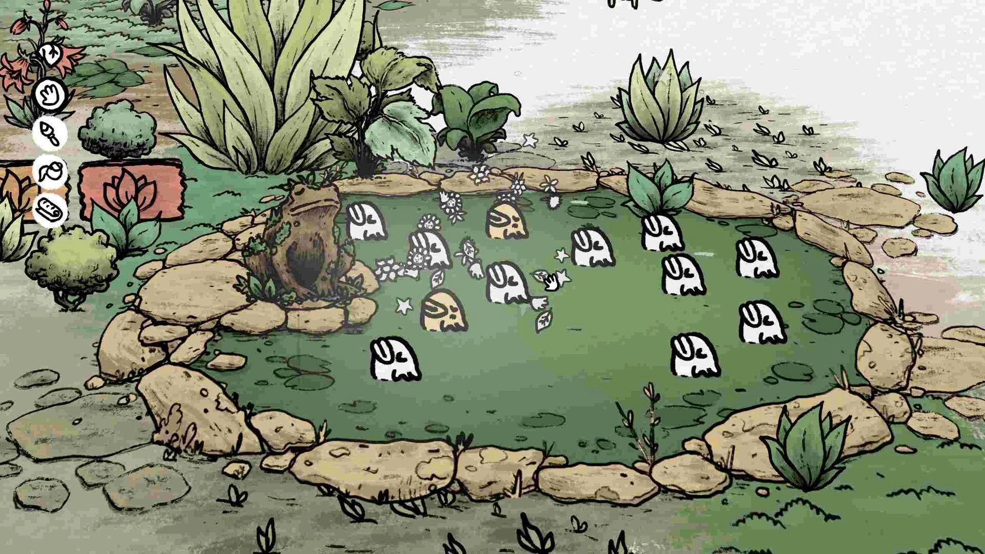 Garden Ink: Ghost-like creatures emerge from a pond surrounded by plants with tool icons on the left