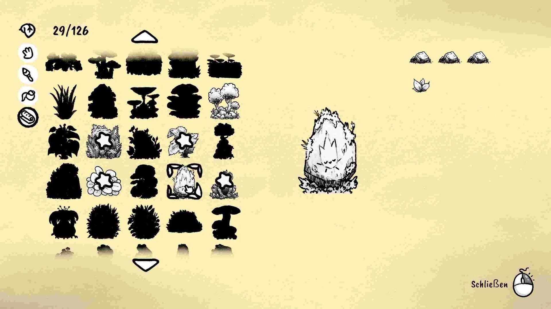 Garden Ink: Inventory menu with plant options and a central shrub in a minimalist garden setting