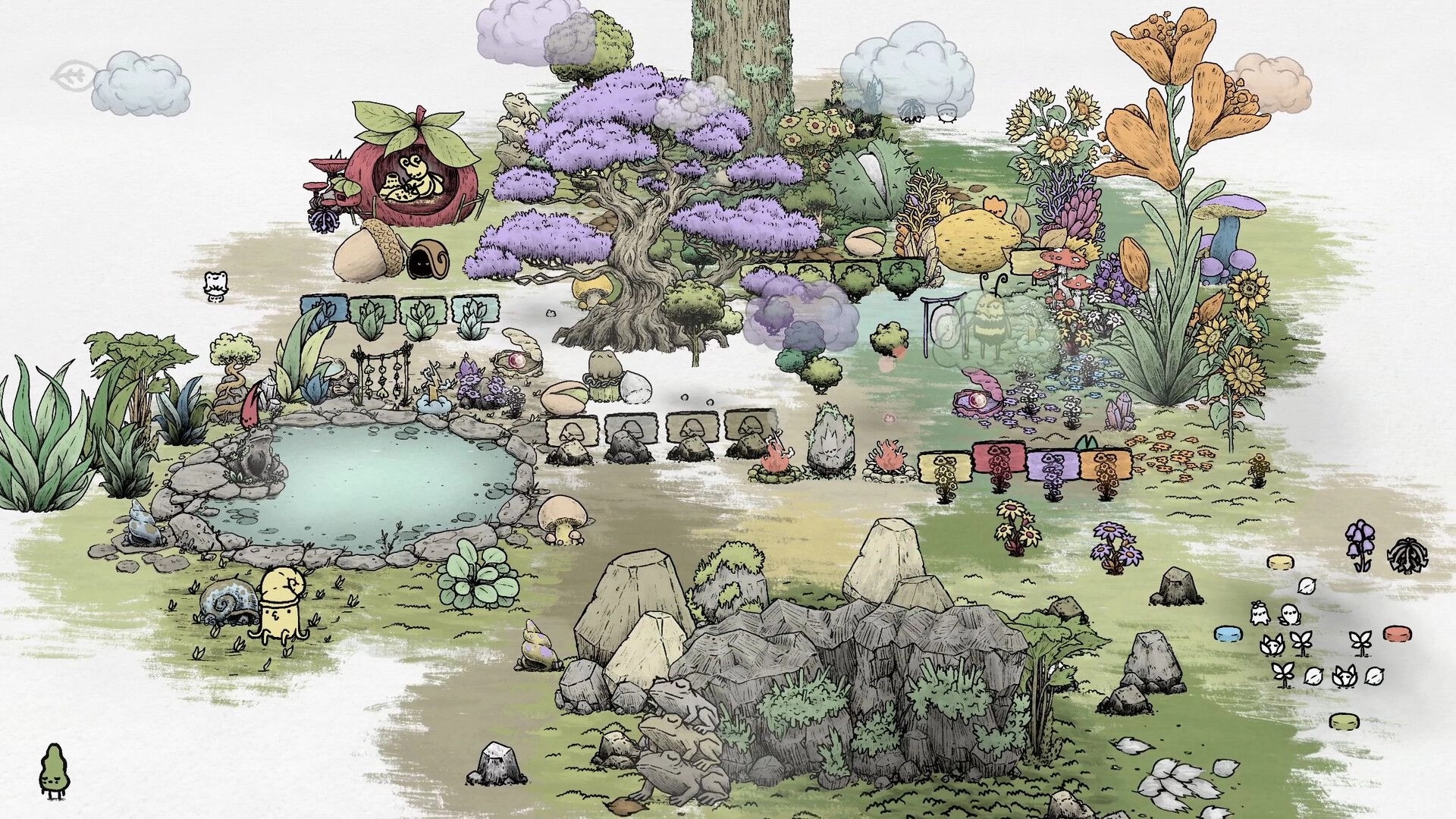Garden Ink: Vibrant garden with colorful plants, a pond, and whimsical characters exploring the area.