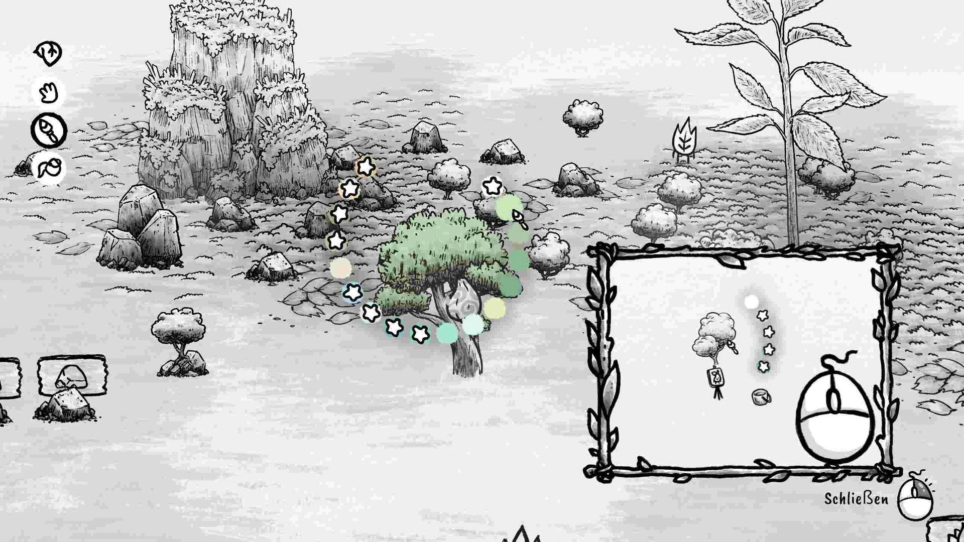 Garden Ink: Tree customization with color palette and map overlay in a hand-drawn landscape setting