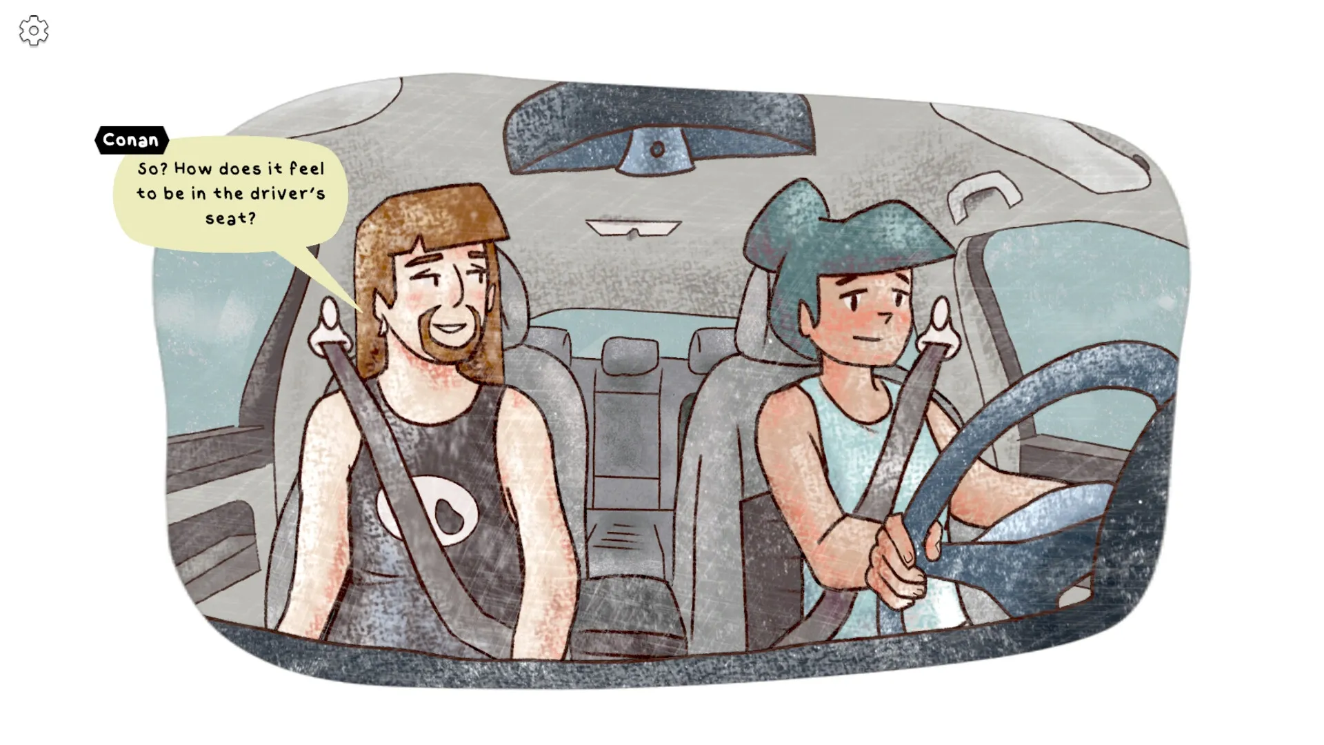Garden of Love: Conan and friend driving in car, engaging in light conversation on a sunny day