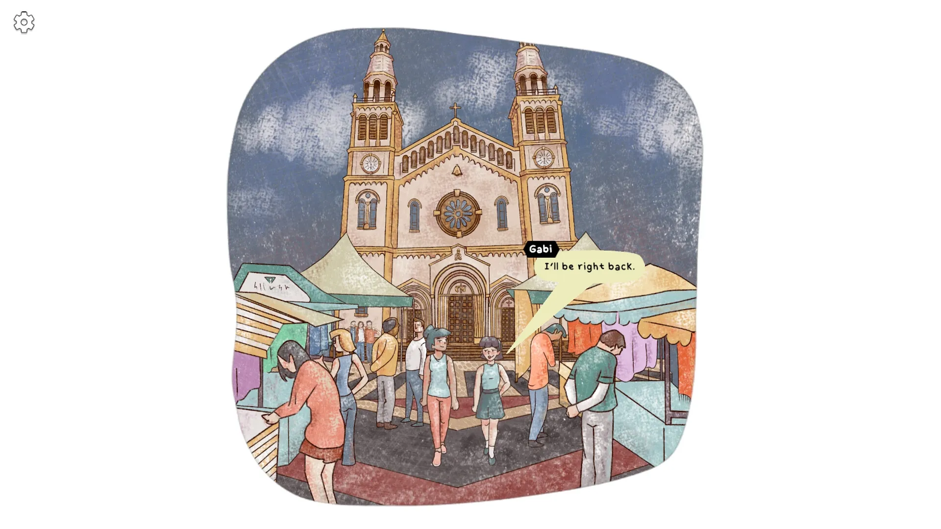 Garden of Love: Gabi walks through a bustling market in front of a large cathedral, saying, "I'll be right back."