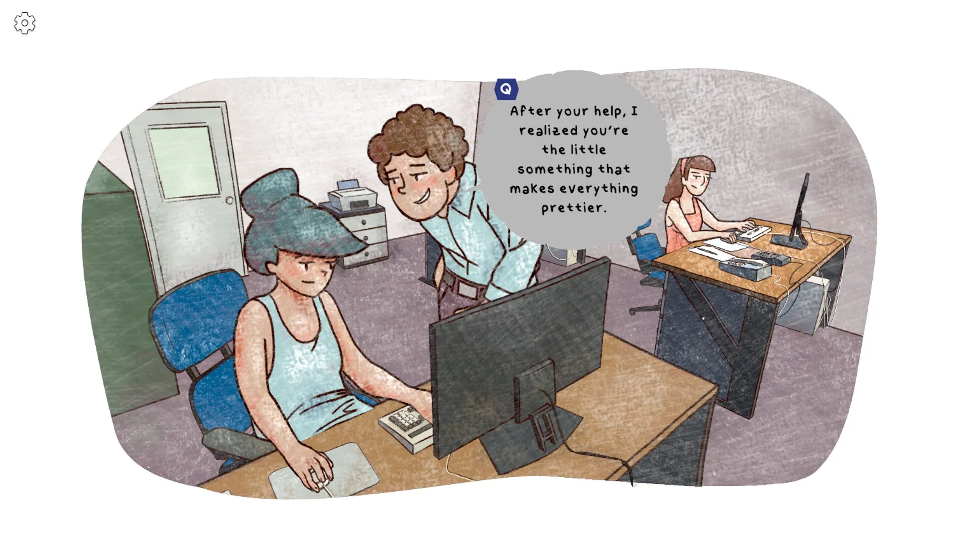 Garden of Love: Office scene with two people at desks, dialogue bubble expressing gratitude and admiration.