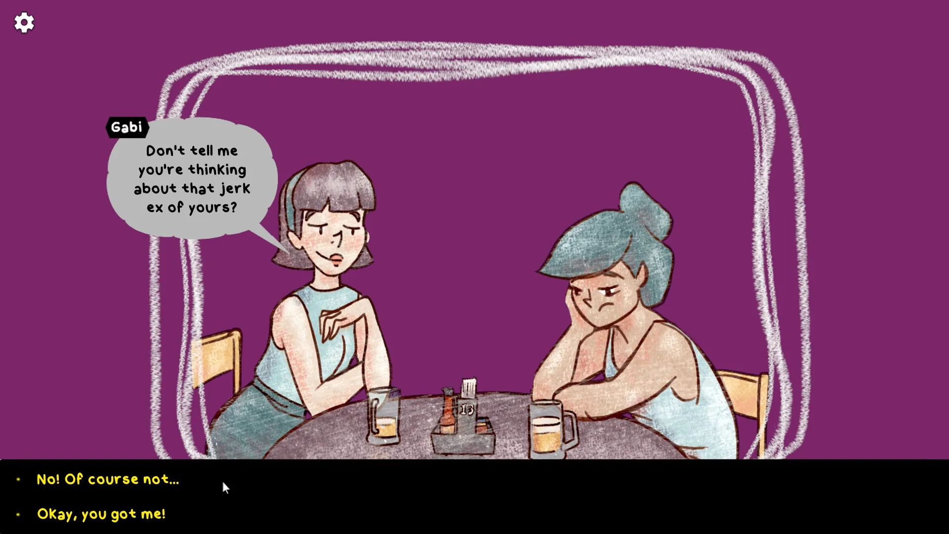 Garden of Love: Gabi converses at a café table while dialogue options appear in a vibrant setting.
