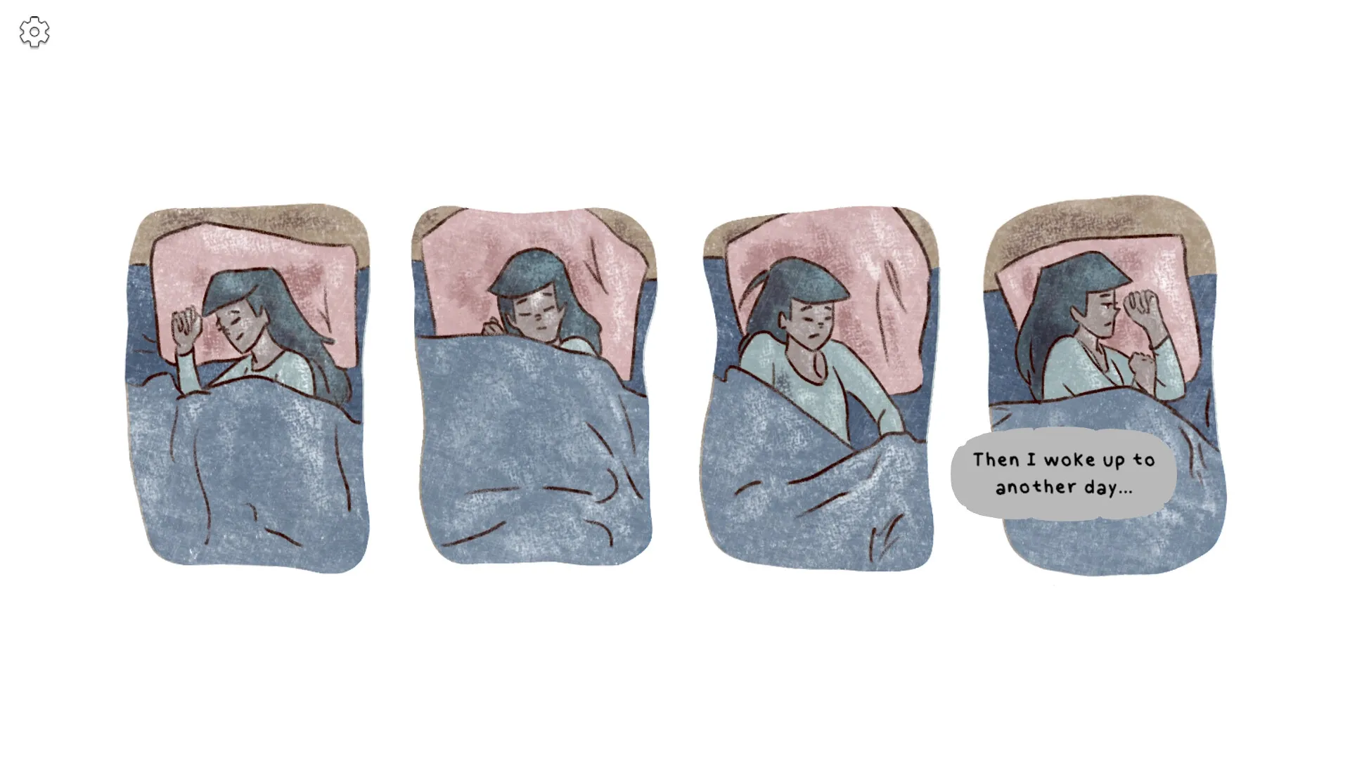 Garden of Love: Character waking up sequence in bed with dialogue bubble in a minimalist art style.