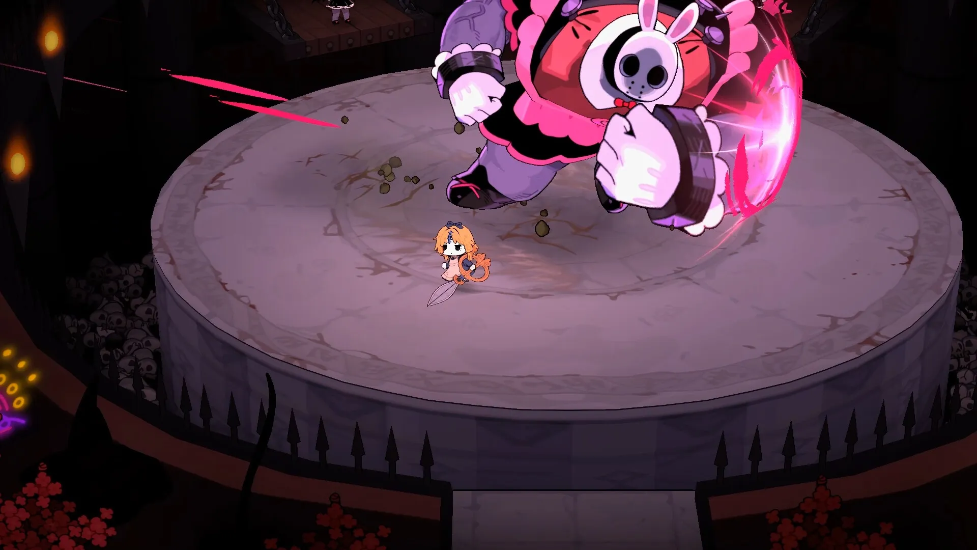 Garden of Witches: Sil battles a giant bunny boss on a circular stone platform in a dark arena.