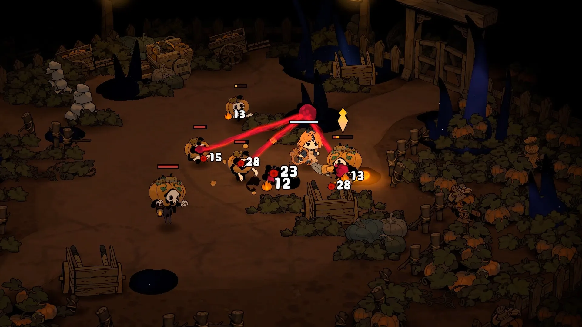 Garden of Witches: Sil battles pumpkin-headed foes in a dimly lit garden surrounded by pumpkins and carts.