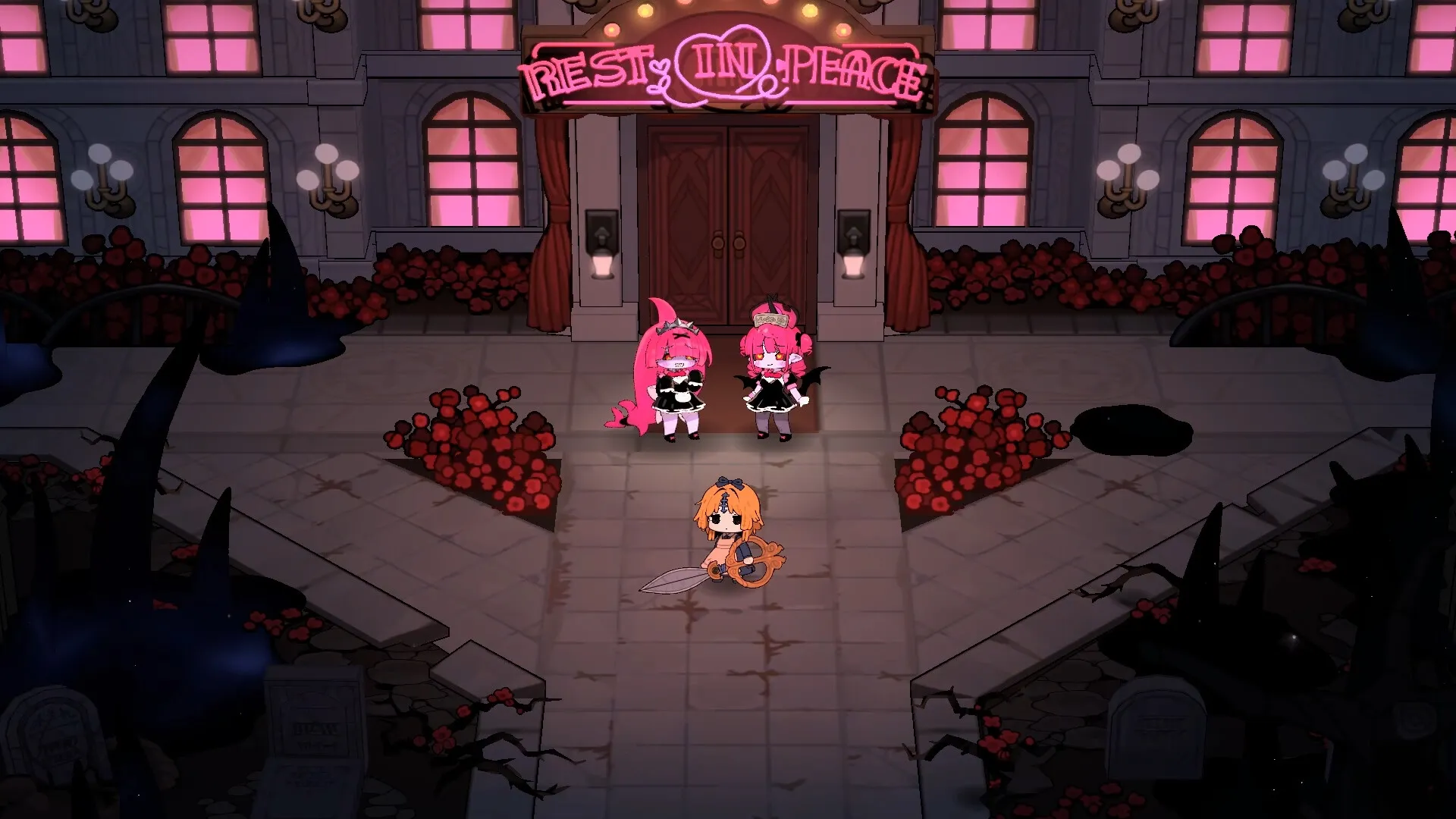 Garden of Witches: Sil faces two pink-haired witches at a spooky mansion entrance with neon sign.