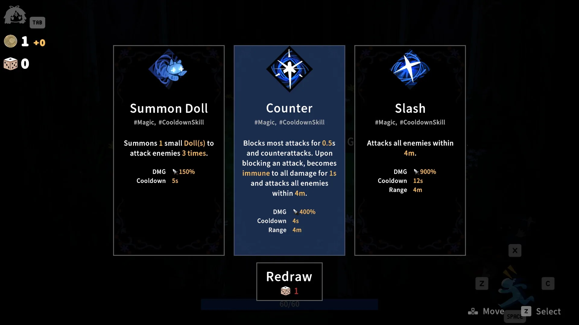 Garden of Witches: Skill selection menu with options for Summon Doll, Counter, and Slash displayed.