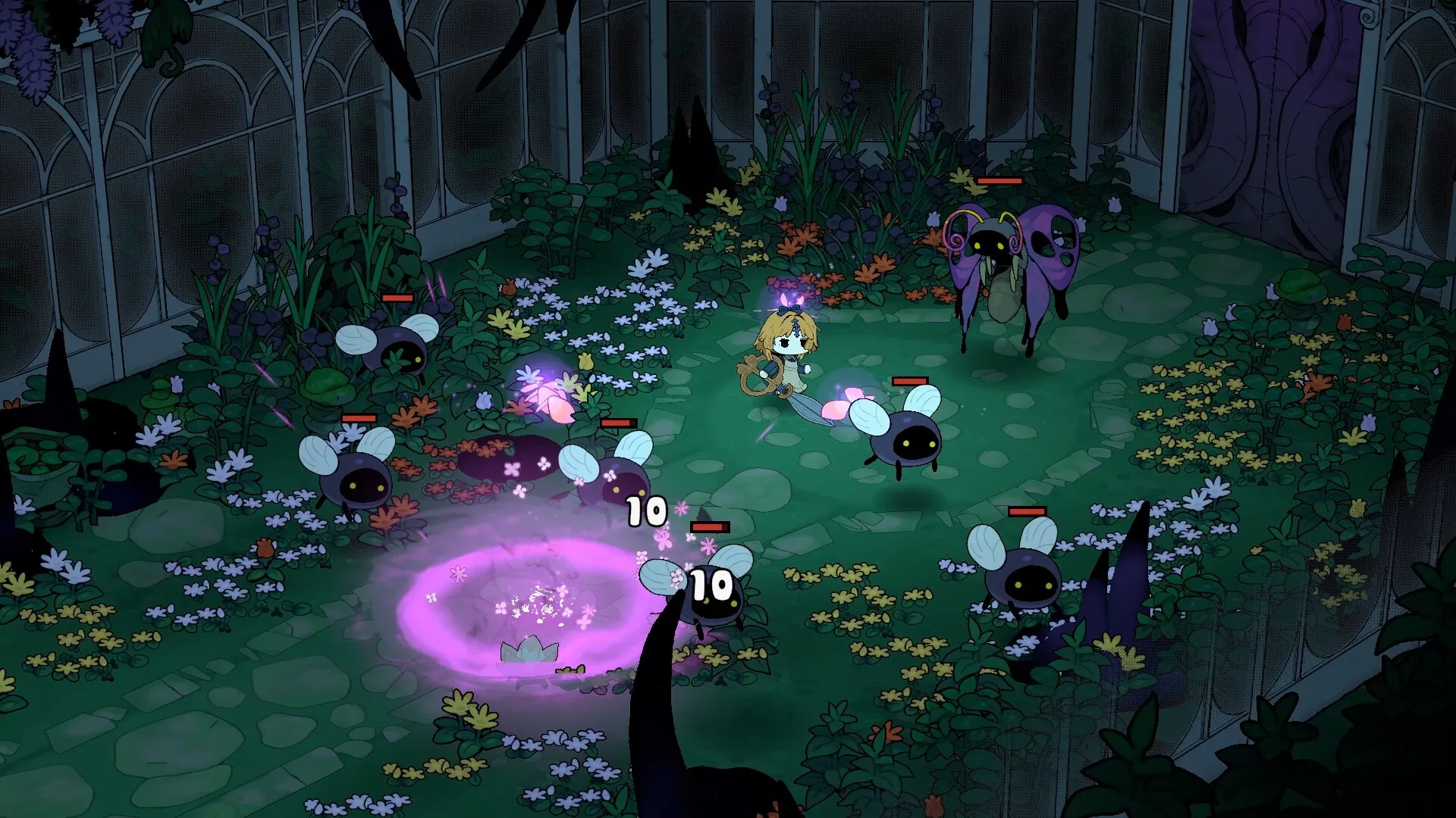 Garden of Witches: Sil battling insect enemies amidst colorful flowers in a magical garden setting.