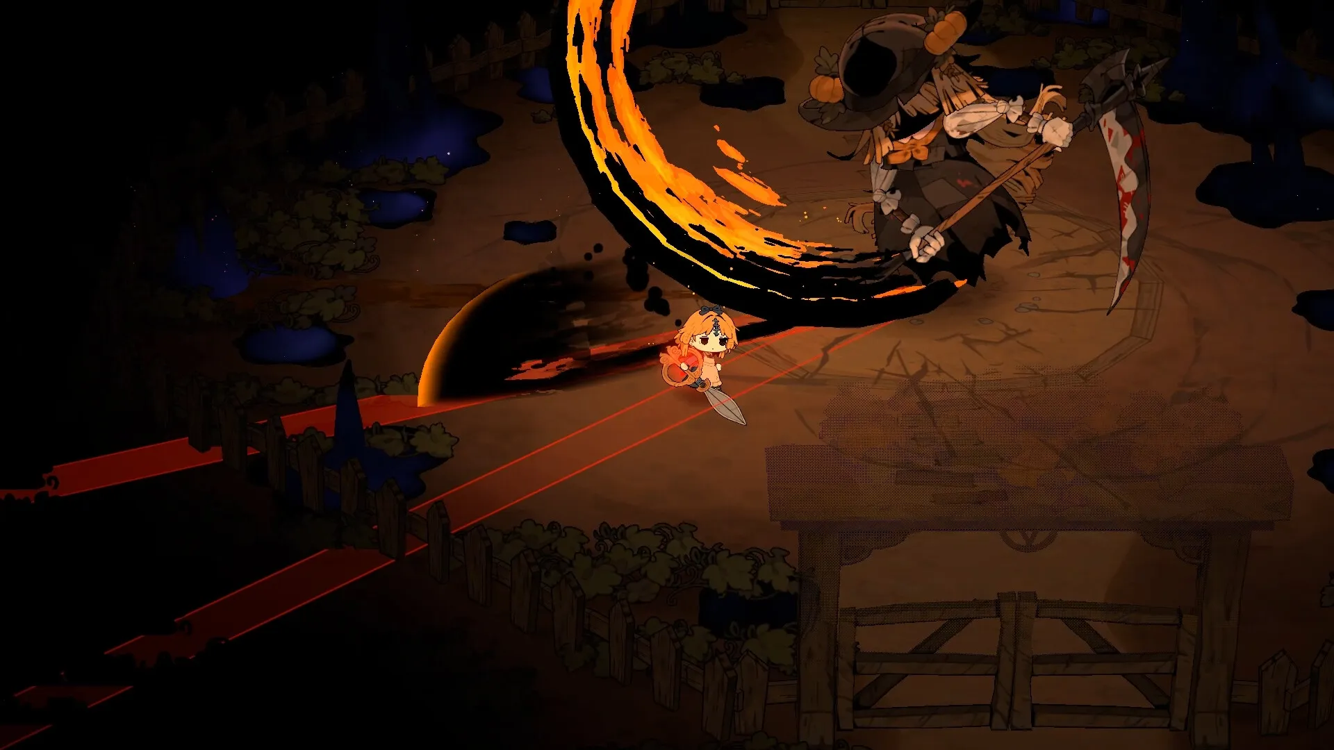 Garden of Witches: Sil battles a giant witch with a scythe amidst fiery spell effects in a fenced arena.