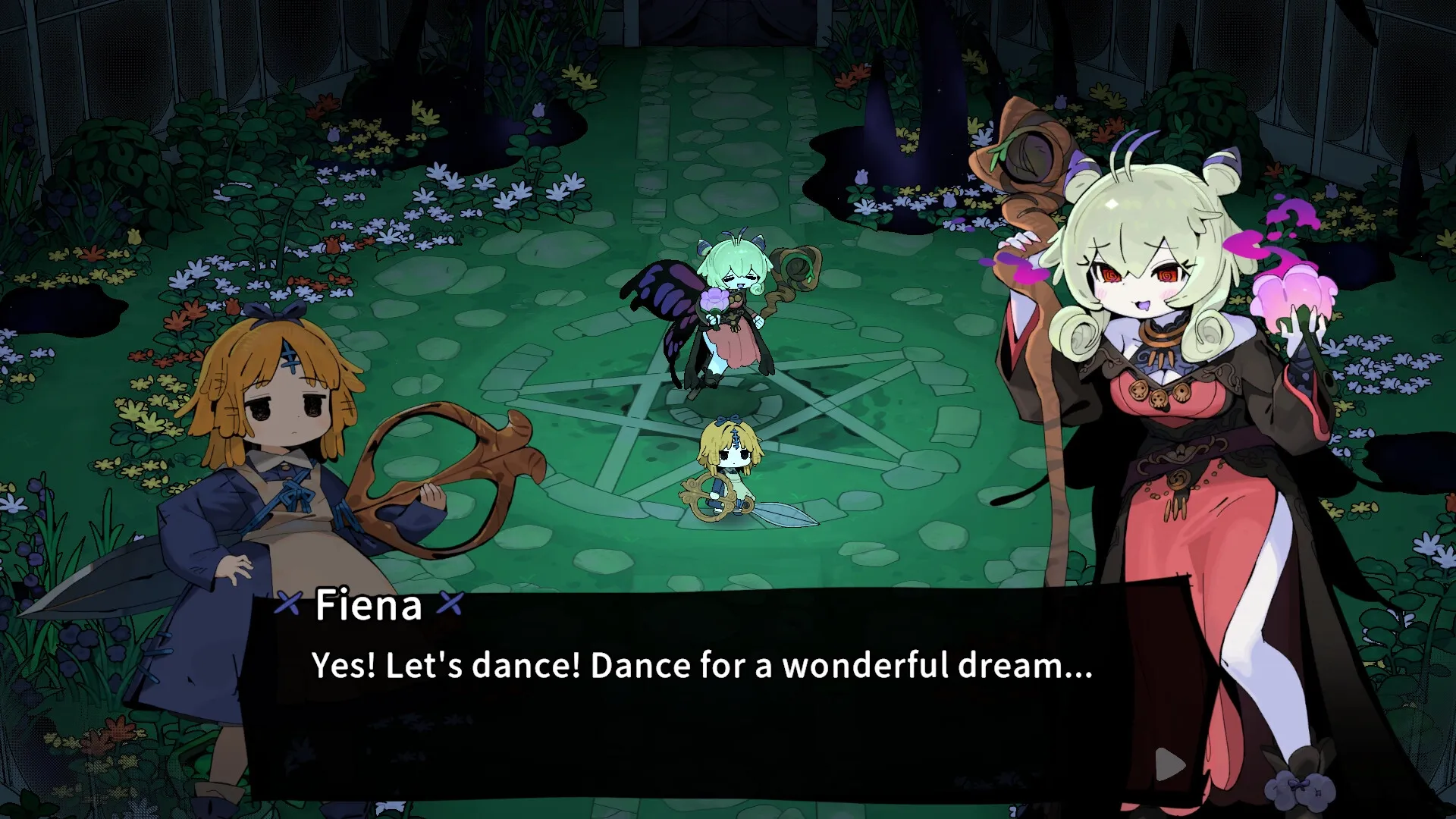 Garden of Witches: Fiena and Sil in magical garden, preparing for battle with mystical elements around