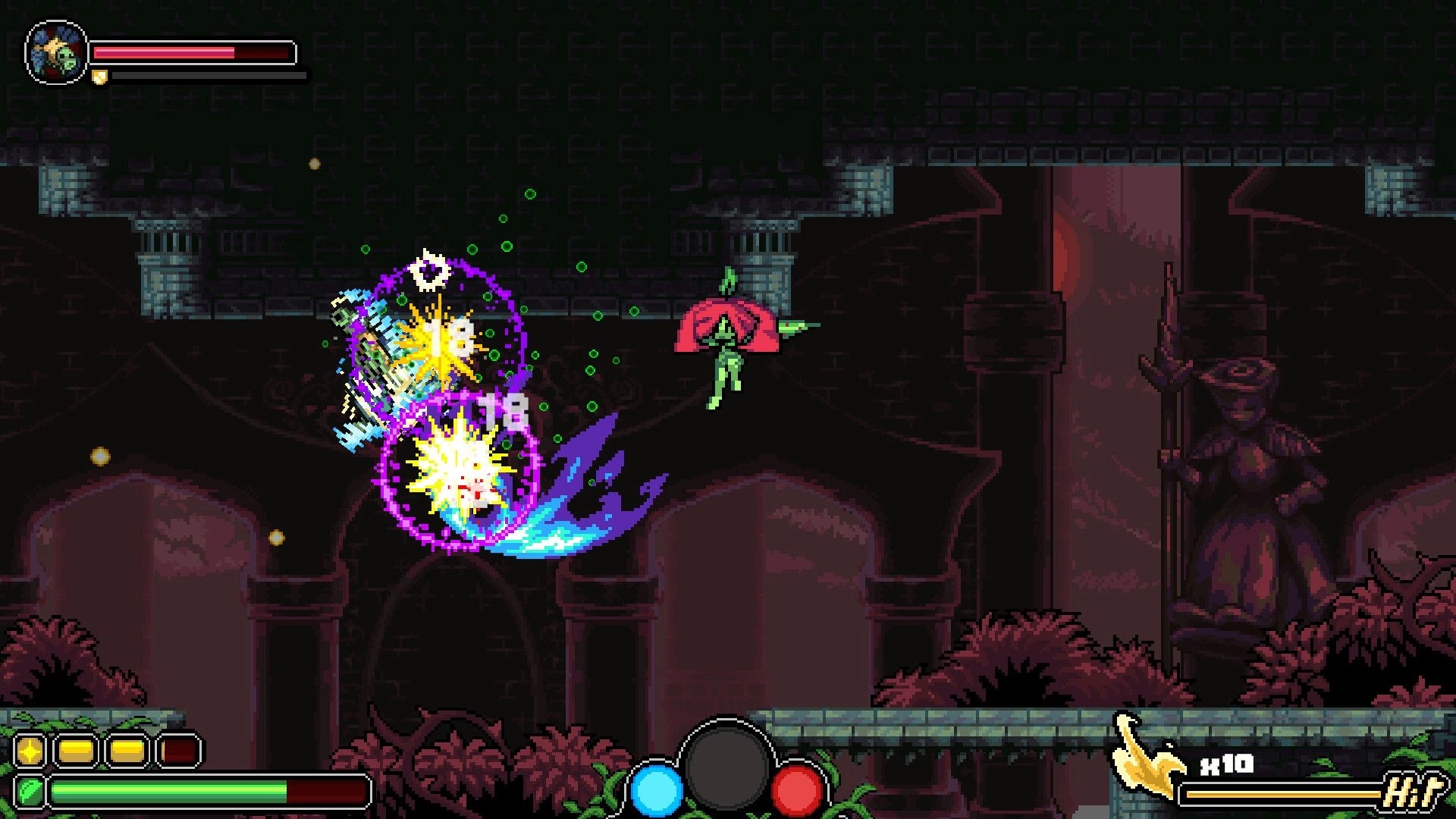 Garden Souls: Princess unleashes combo blasts on floating foes in a dark stone ruin with HUD bars and x10 meter.