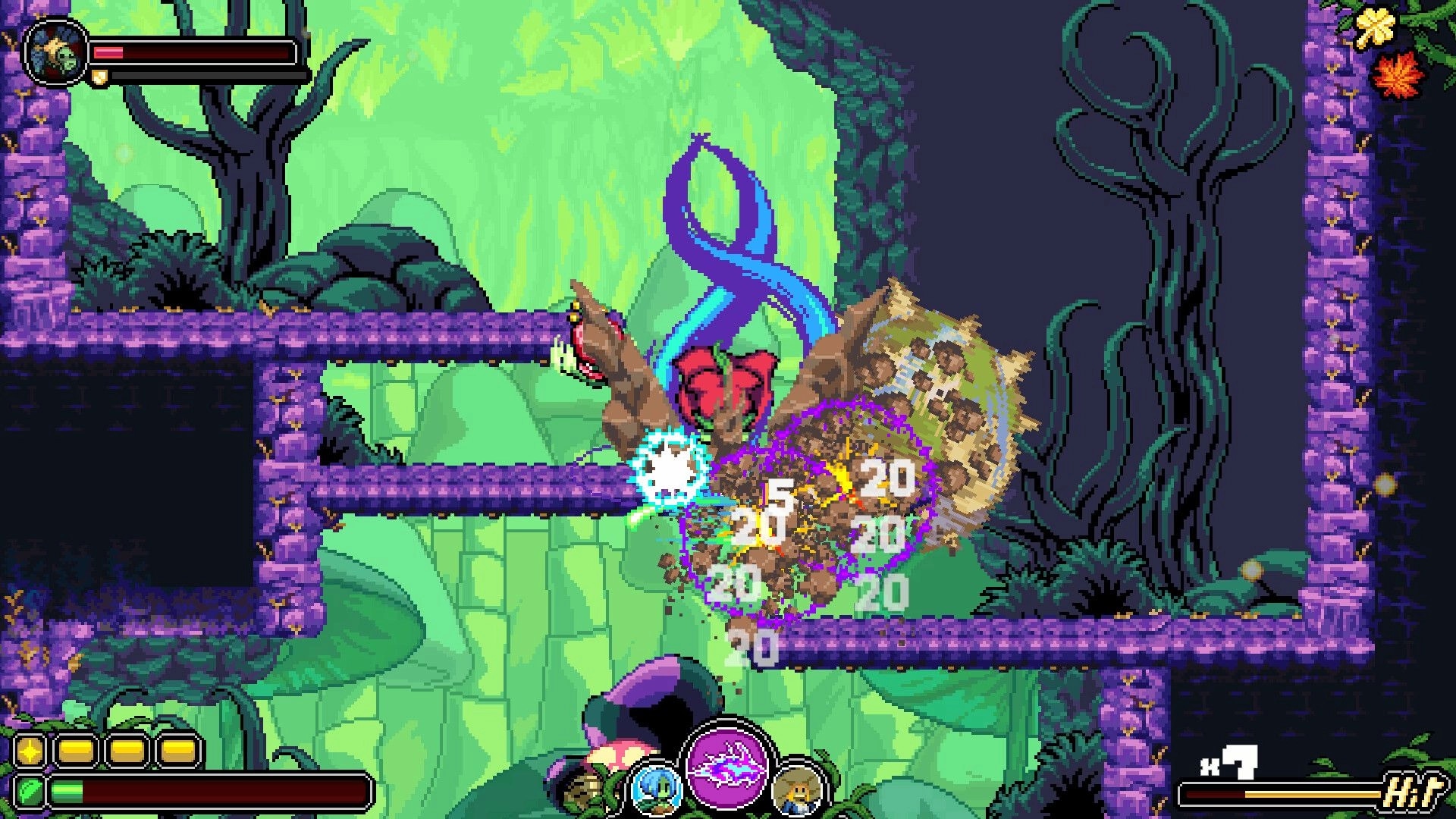 Garden Souls: Player lands a combo on a bat enemy in purple ruins, damage numbers and HP bars visible.