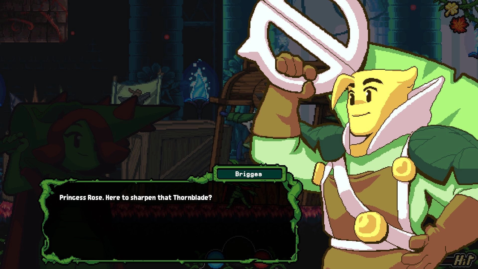 Garden Souls: Briggs dialogue box offers to sharpen Thornblade in a dim workshop with crates and banners.