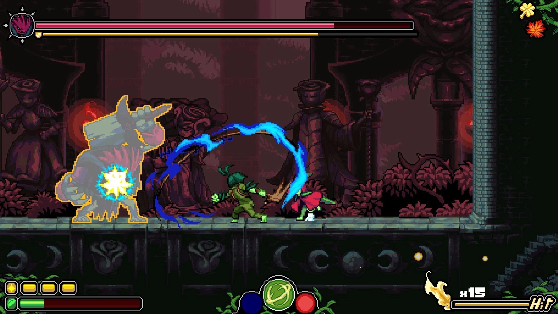 Garden Souls: Two fighters slash a horned brute with blue arc in a dark temple corridor HUD bars up top.