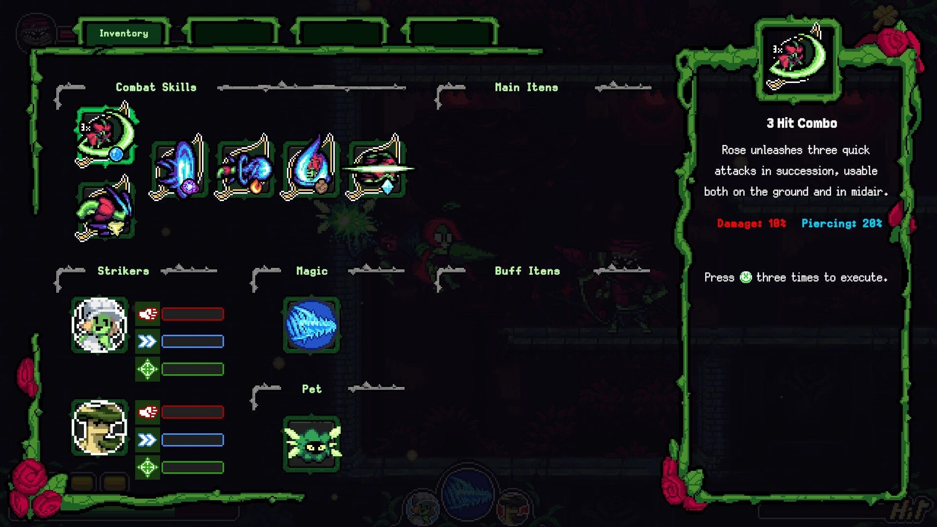 Garden Souls: Inventory menu highlighting 3 Hit Combo skill with stats and icons over dark dungeon backdrop.