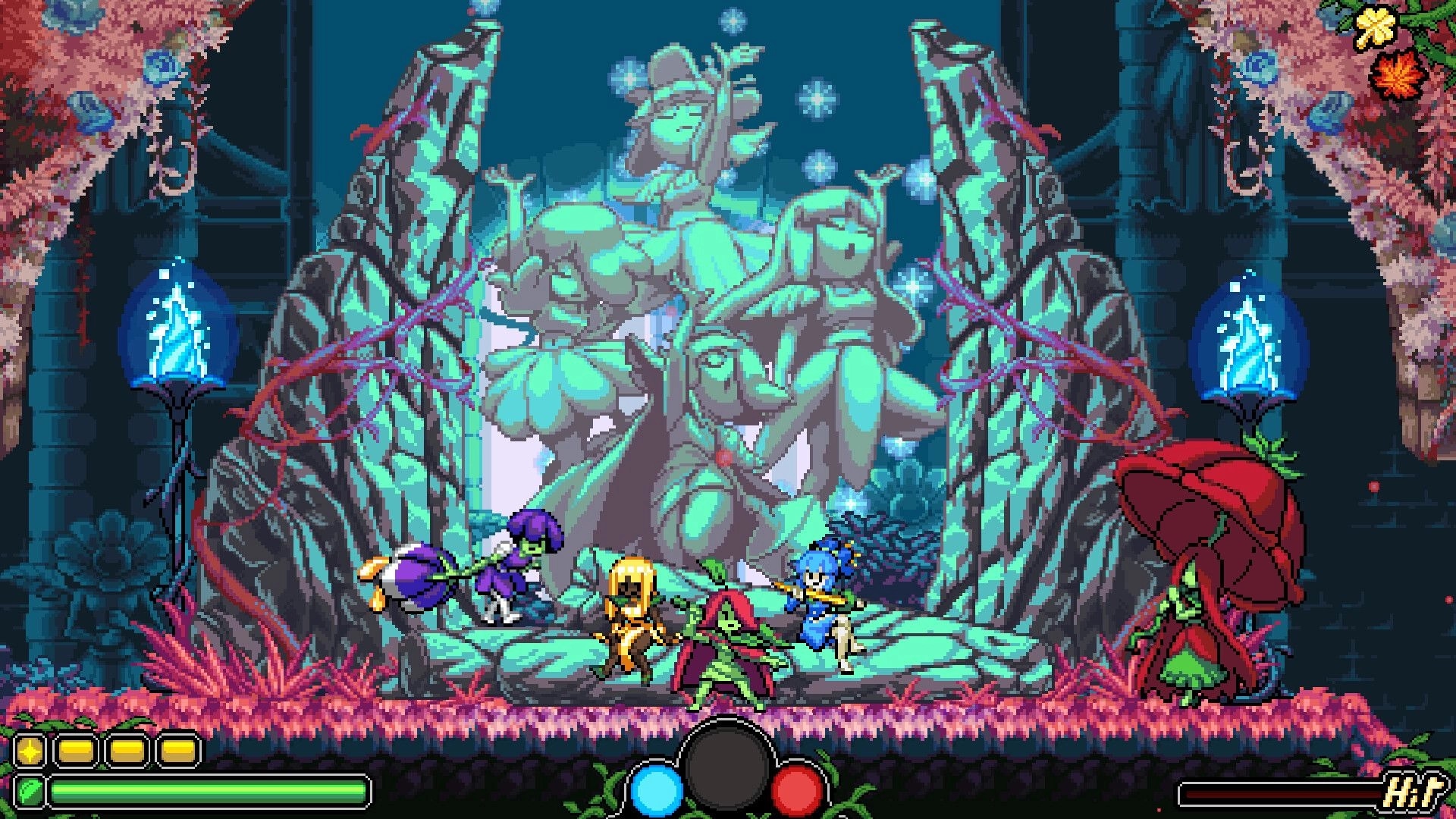 Garden Souls: Three heroines battle hooded foes before a stone goddess shrine in a blue-lit ruin UI visible.