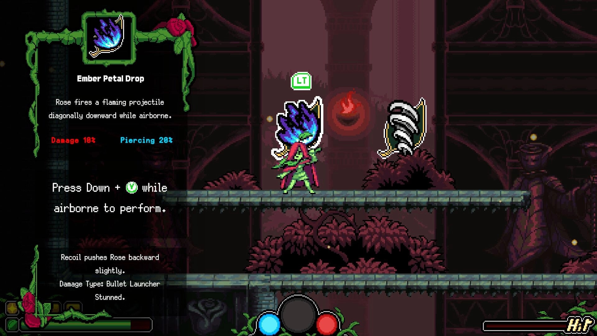 Garden Souls: Skill pickup tooltip for Ember Petal Drop beside Rose in a dim ruin corridor shop area.