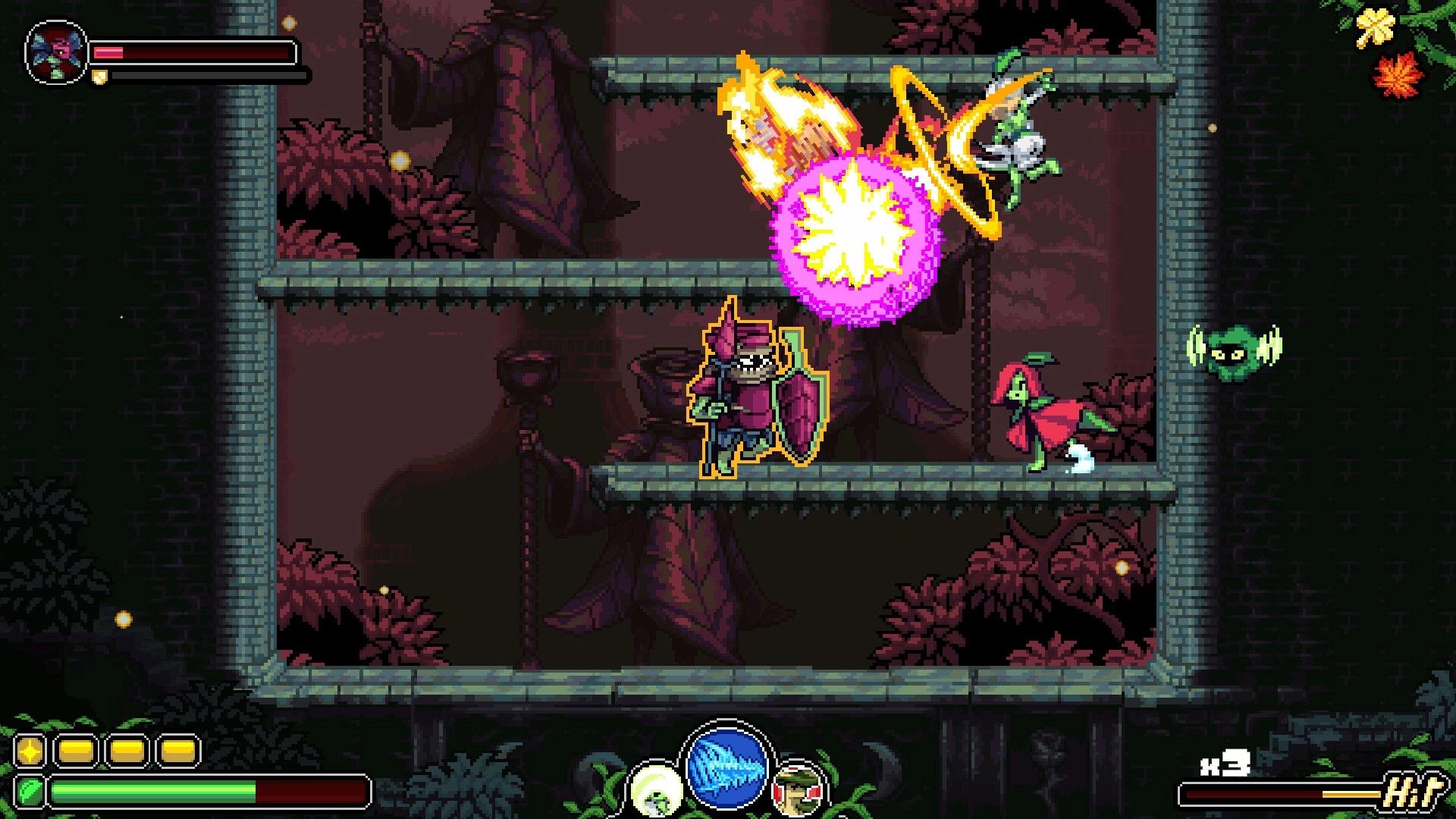 Garden Souls: Red-cloaked heroine attacks armored foe with fire burst on stone platforms in dark forest ruins.