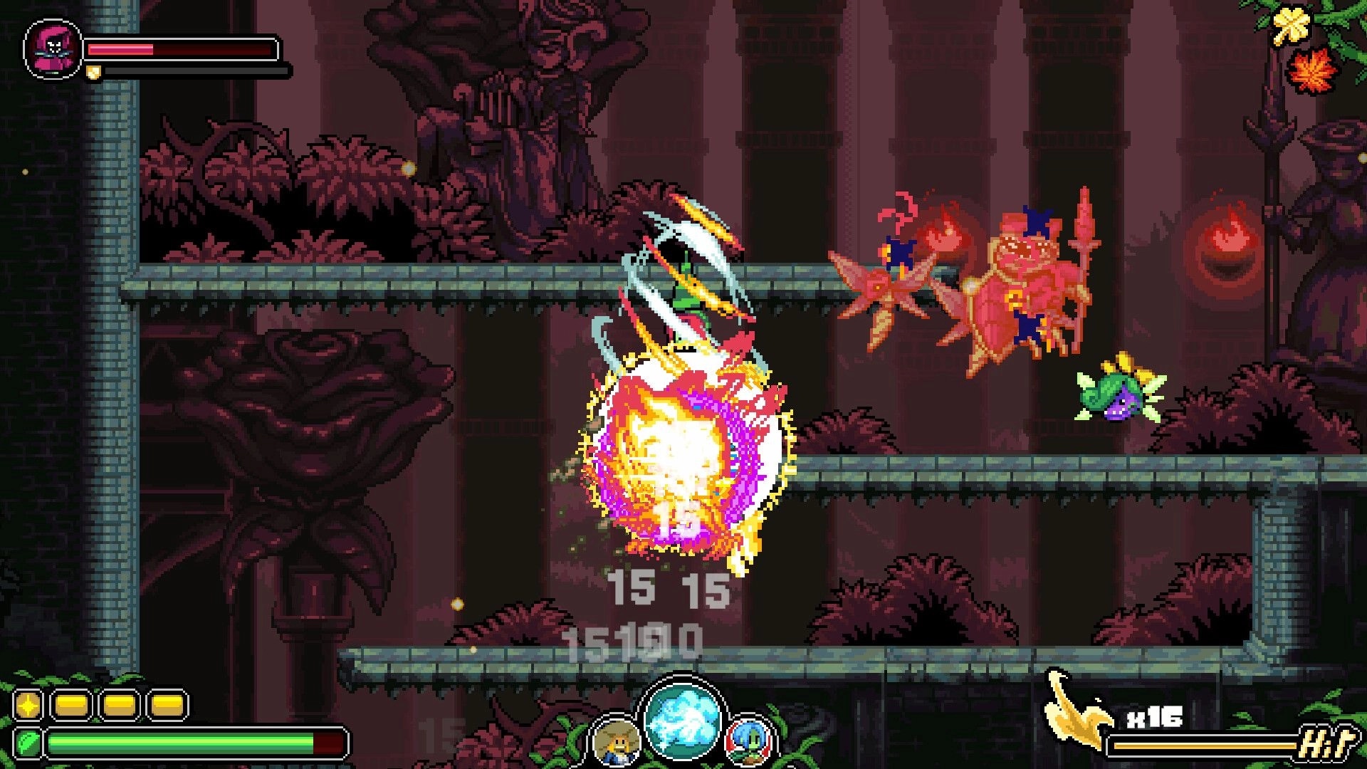 Garden Souls: Player triggers fiery spin attack on flying foes in dark ruin with health and skill UI.