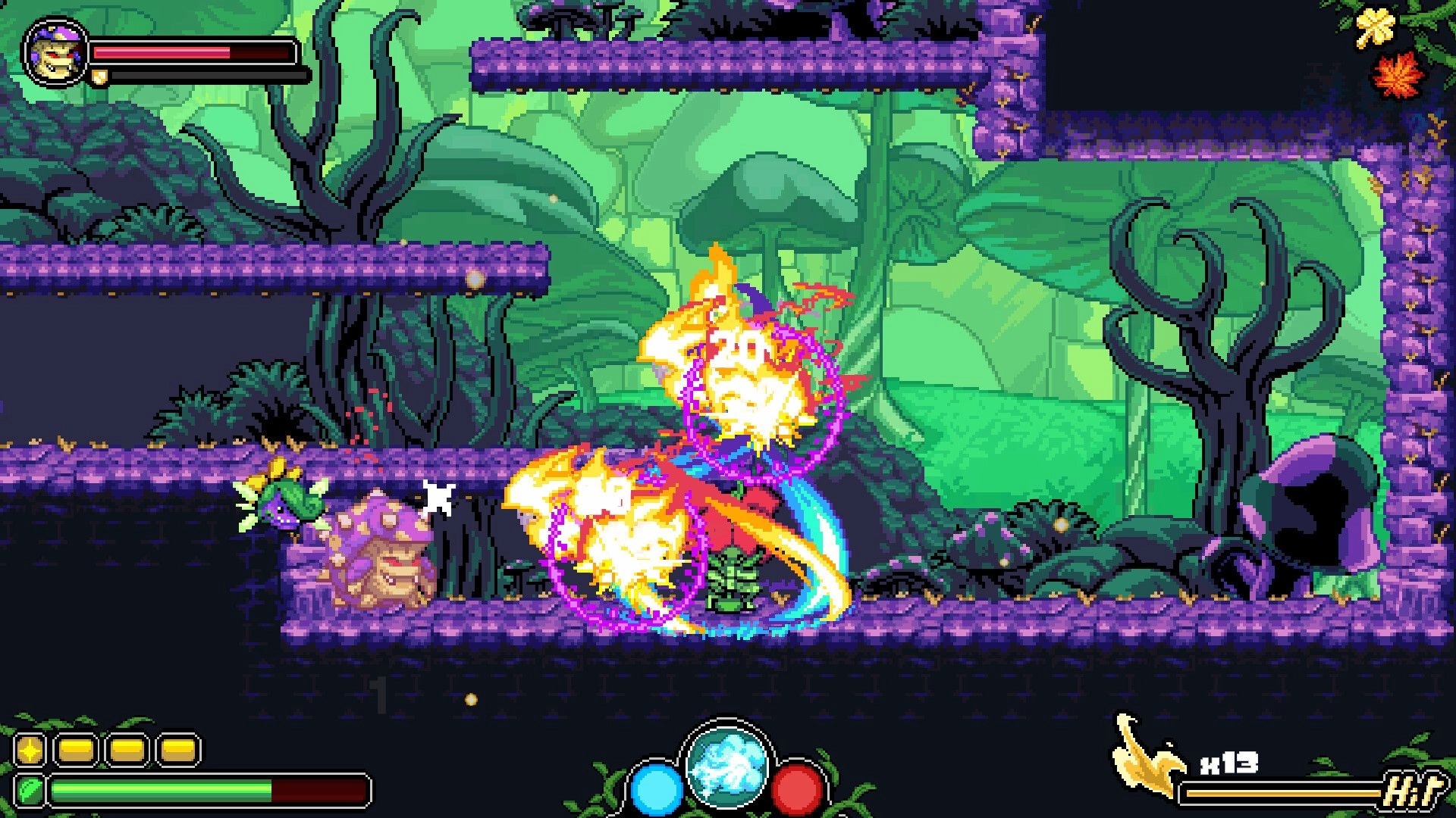 Garden Souls: Princess slashes enemies with fiery combo effects in a purple vine cavern platform arena.