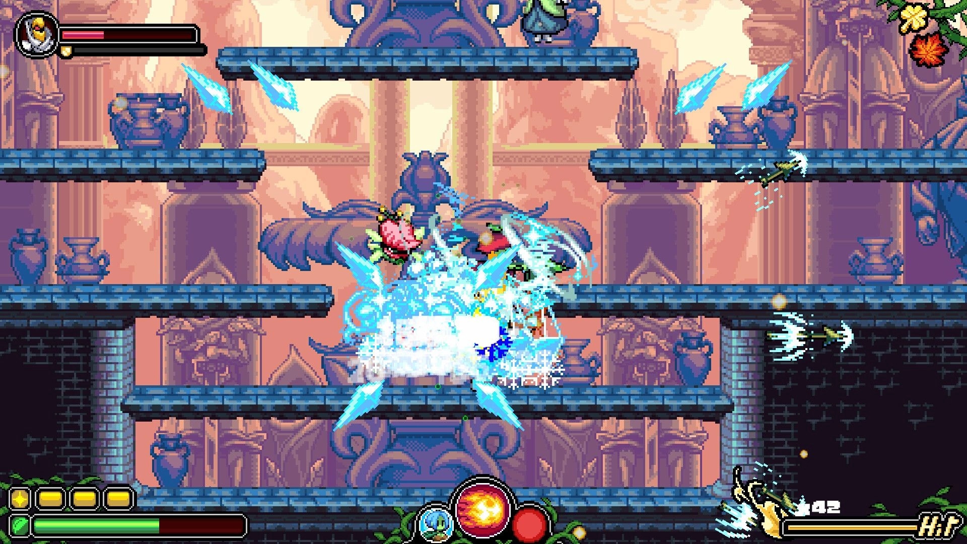 Garden Souls: Hero unleashes icy burst mid-combat, HP bars and skill icons in a temple arena.