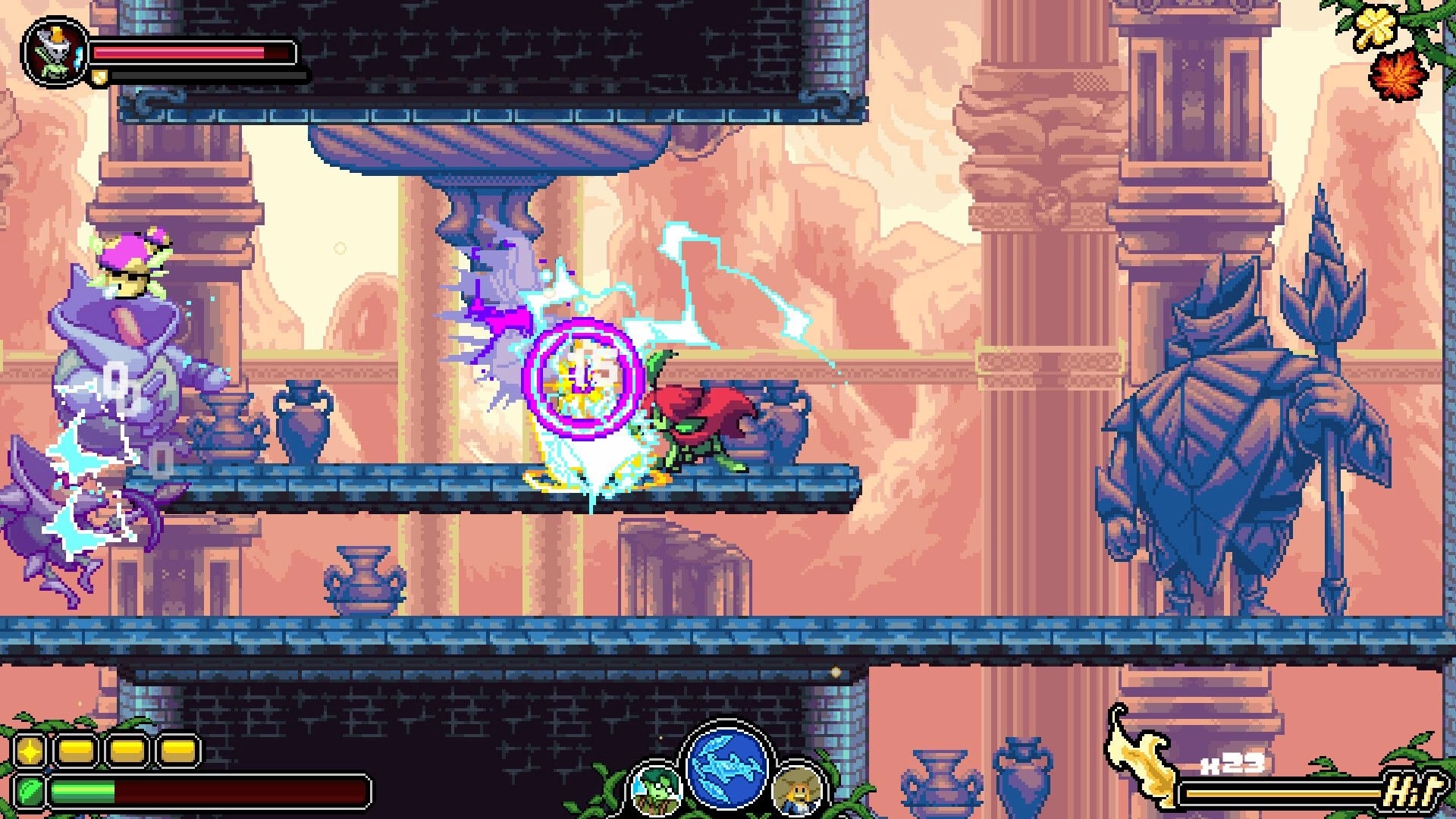 Garden Souls: Hero strikes a purple armored foe with lightning on temple platforms, HP bars visible.