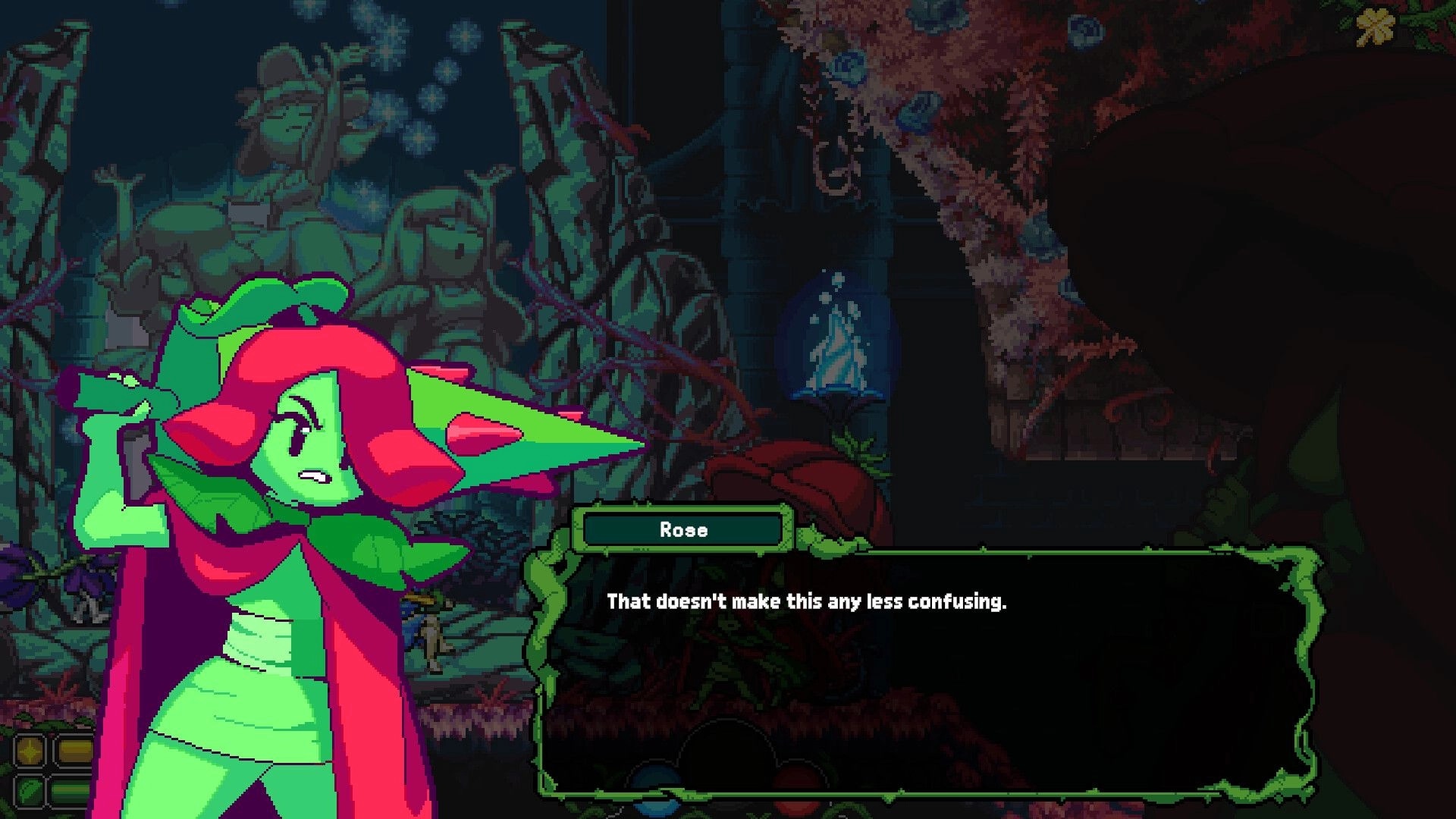 Garden Souls: Rose dialogue box over a vine-framed text window in a dark, overgrown ruin corridor.