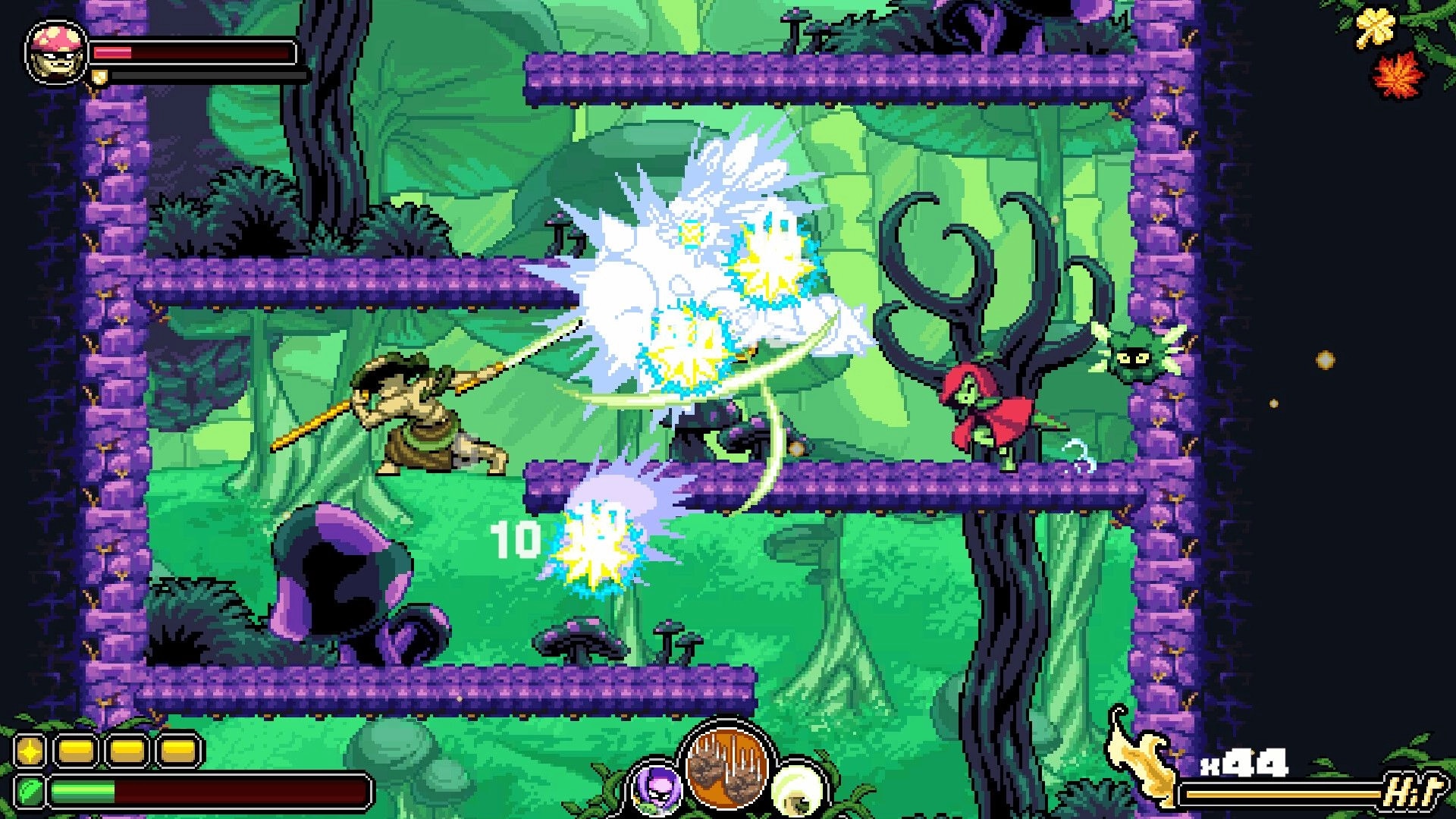 Garden Souls: Spear fighter slashes midair at enemies on purple platforms in a green forest biome UI visible.