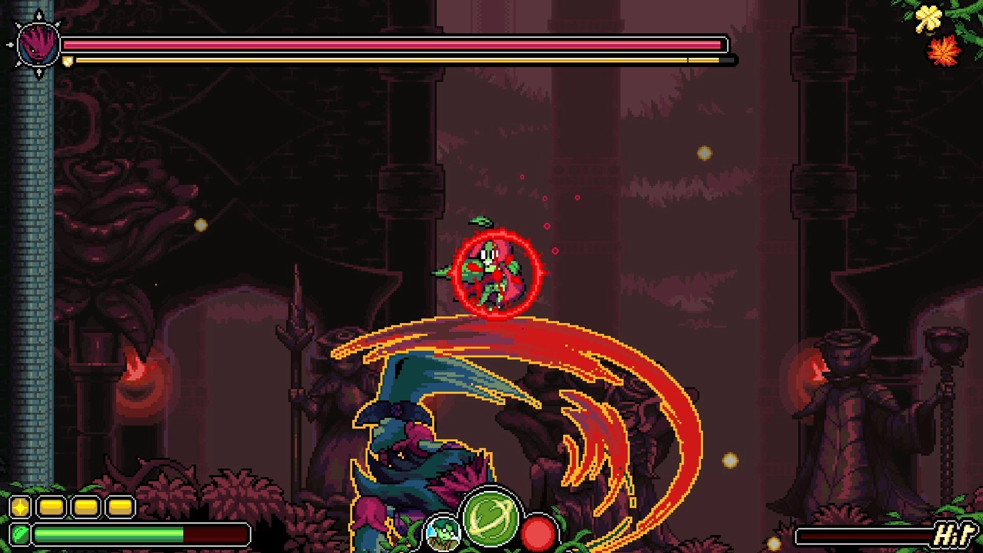 Garden Souls: Princess dodges a giant scythe slash, HP and skill icons visible in dark ruins.