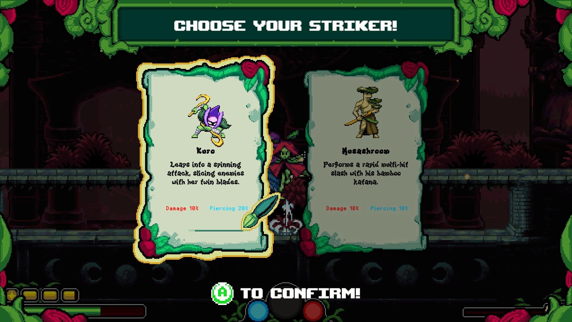 Garden Souls: Striker selection menu highlighting Kuro and Musashroom cards in a dark forest ruin UI.